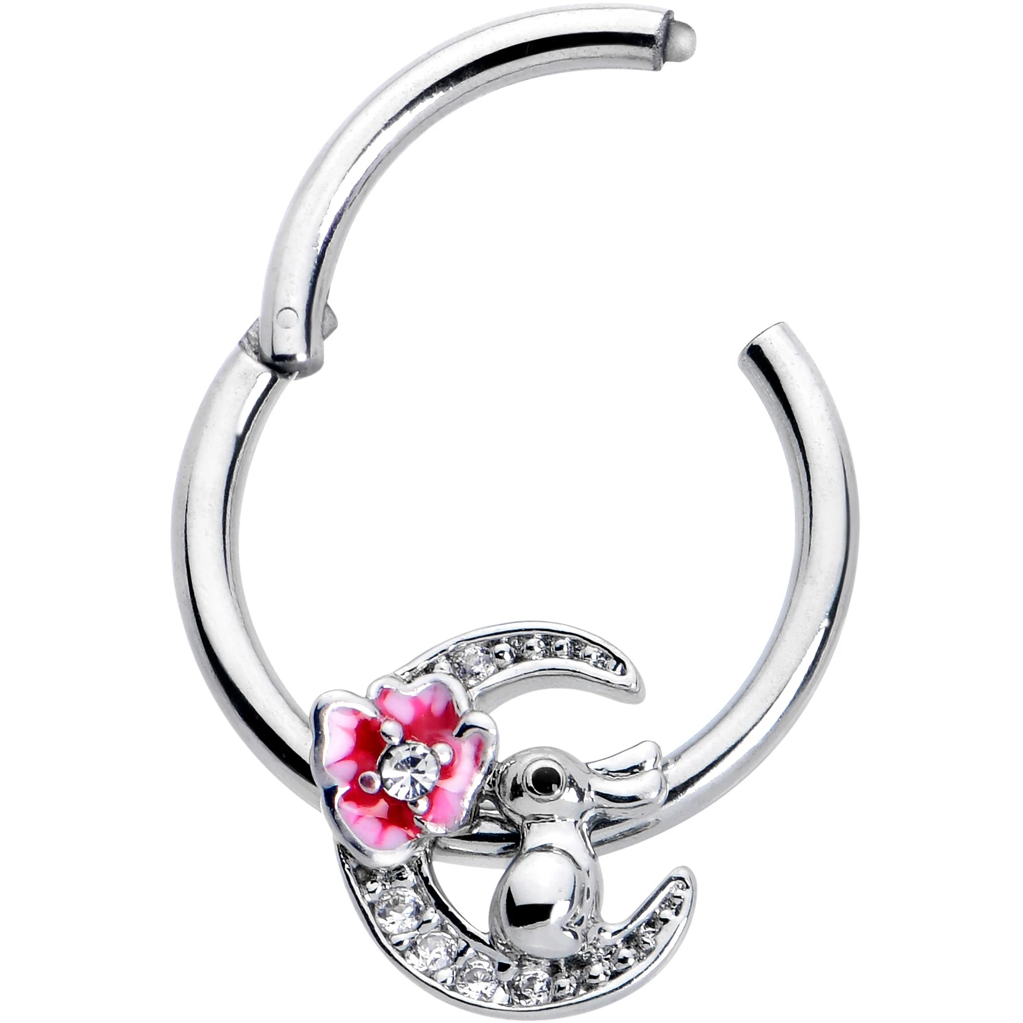 16G 3/8 Clear CZ Gem Rabbit On The Moon Pink Hinged Segment Ring - Image 2