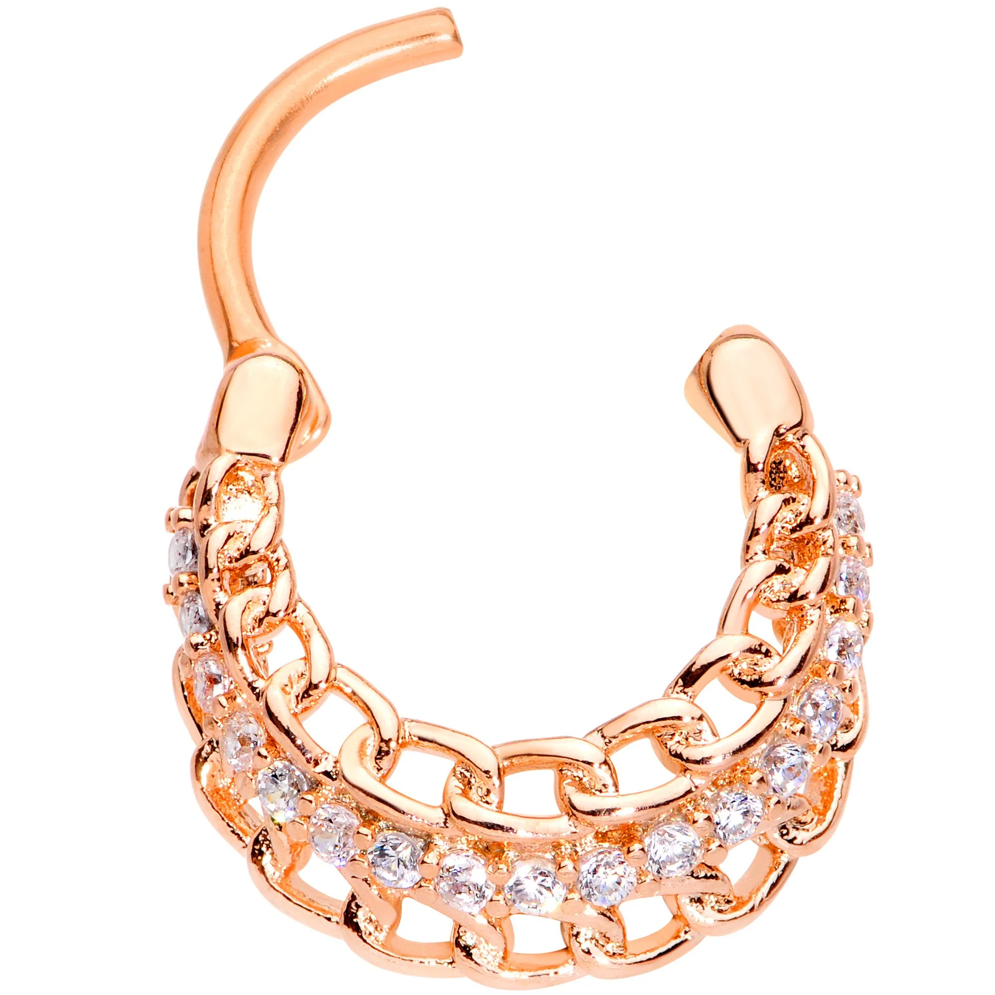 16G 3/8 Clear CZ Gem Rose Gold Tone Chain Hinged Septum Ring - Image 2