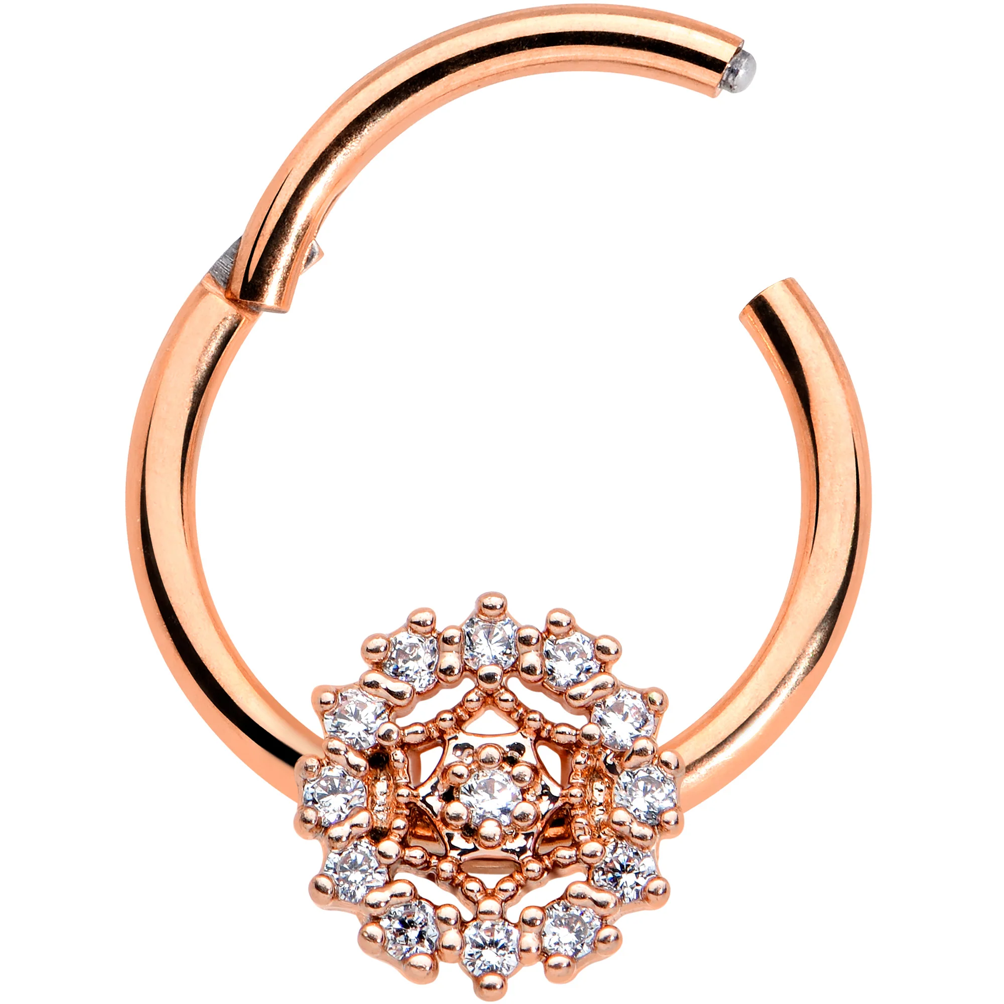 16G 3/8 Clear CZ Gem Rose Gold Tone Geo Web Hinged Segment Ring - Image 2
