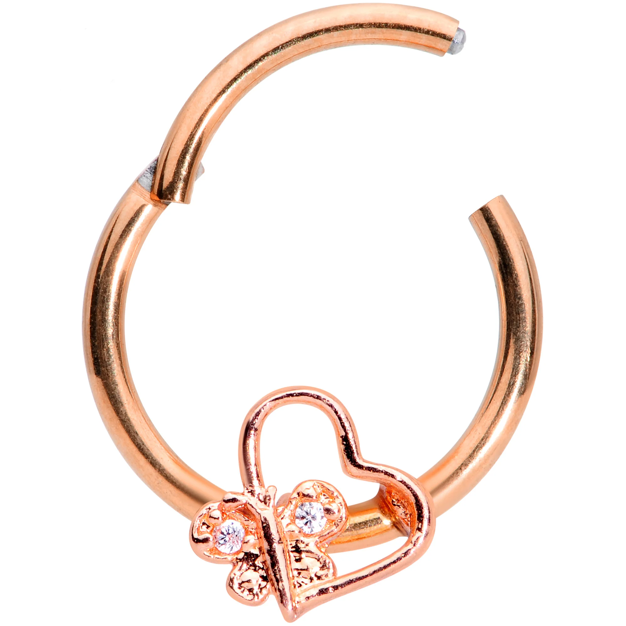 16G 3/8 Clear CZ Gem Rose Gold Tone Heart Septum Clicker - Image 3