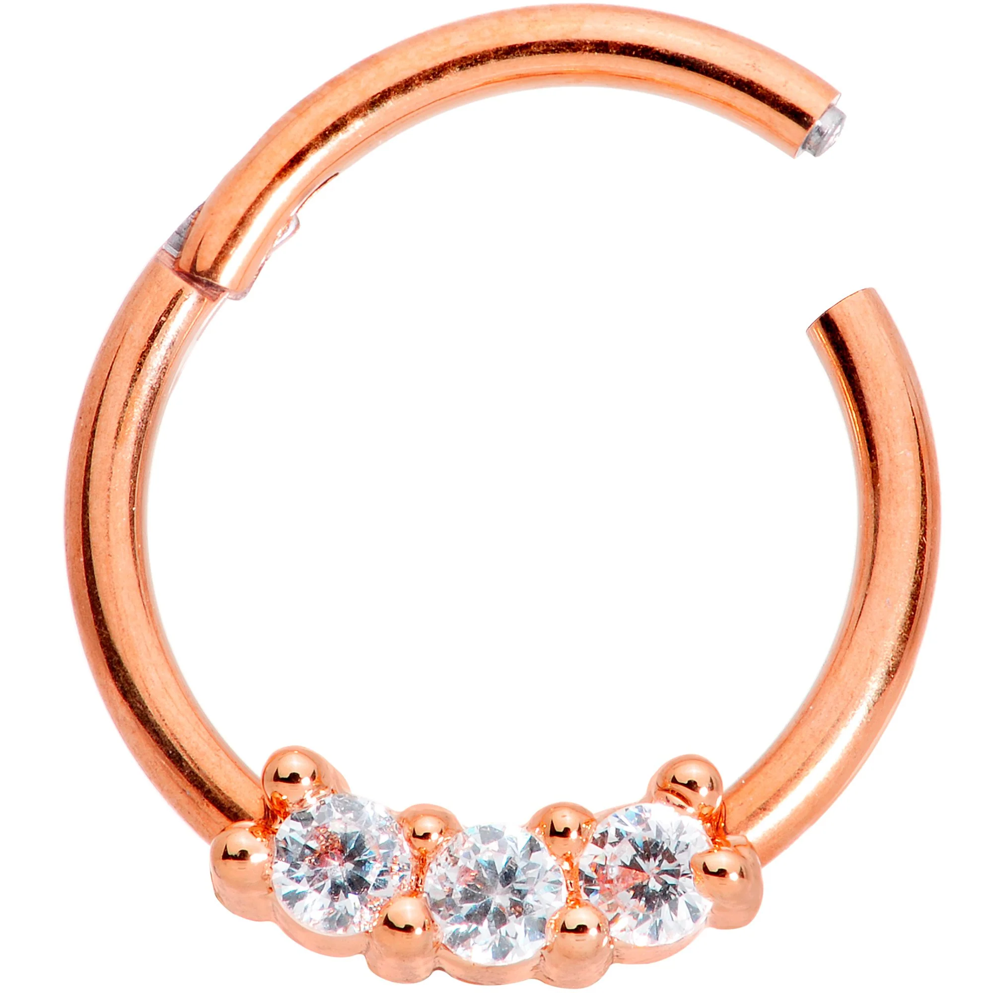 16G 3/8 Clear CZ Gem Rose Gold Tone Trio Hinged Segment Ring - Image 2