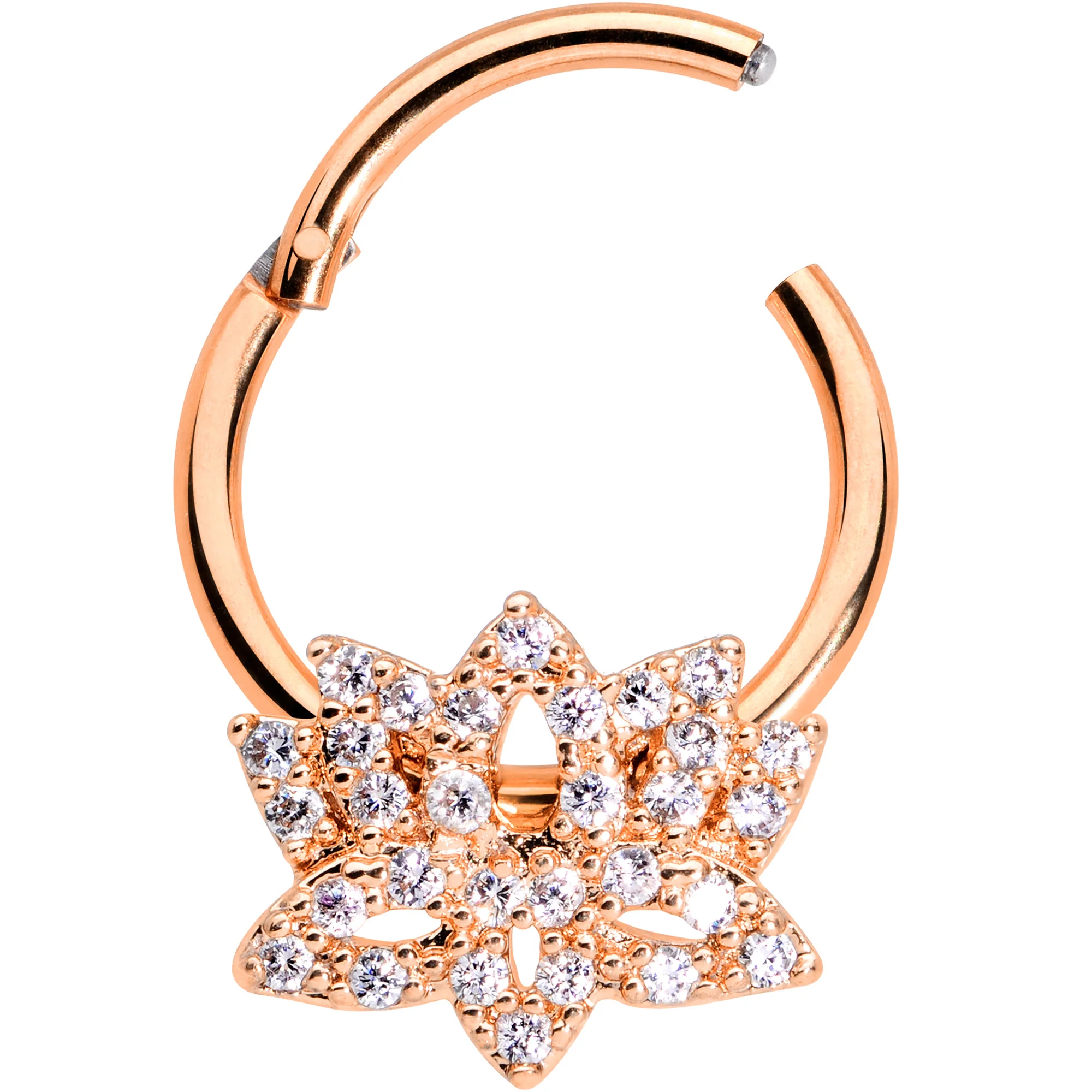16G 3/8 Clear CZ Rose Gold Tone Lotus Flower Hinged Segment Ring - Image 2