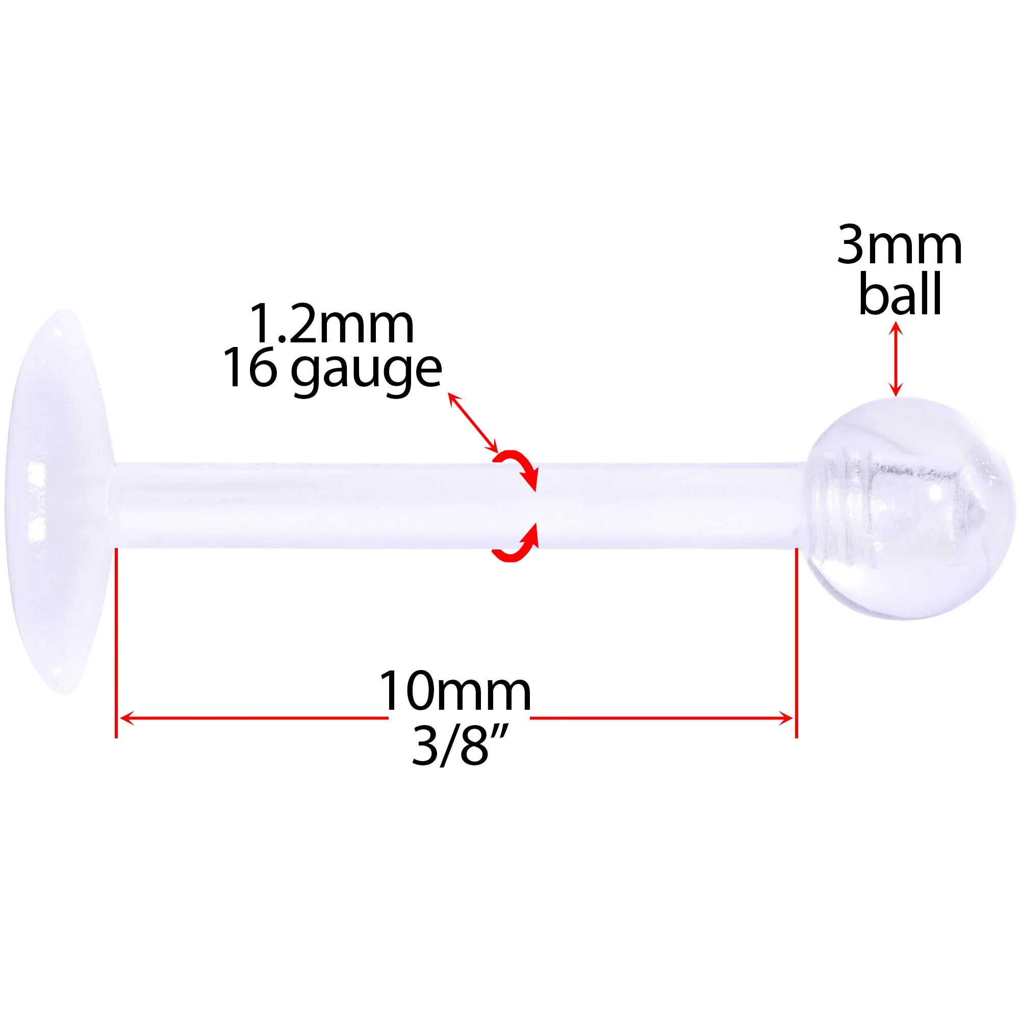 16G 3/8 Clear Flexible Bioplast Labret Monroe Tragus Retainer - Image 3