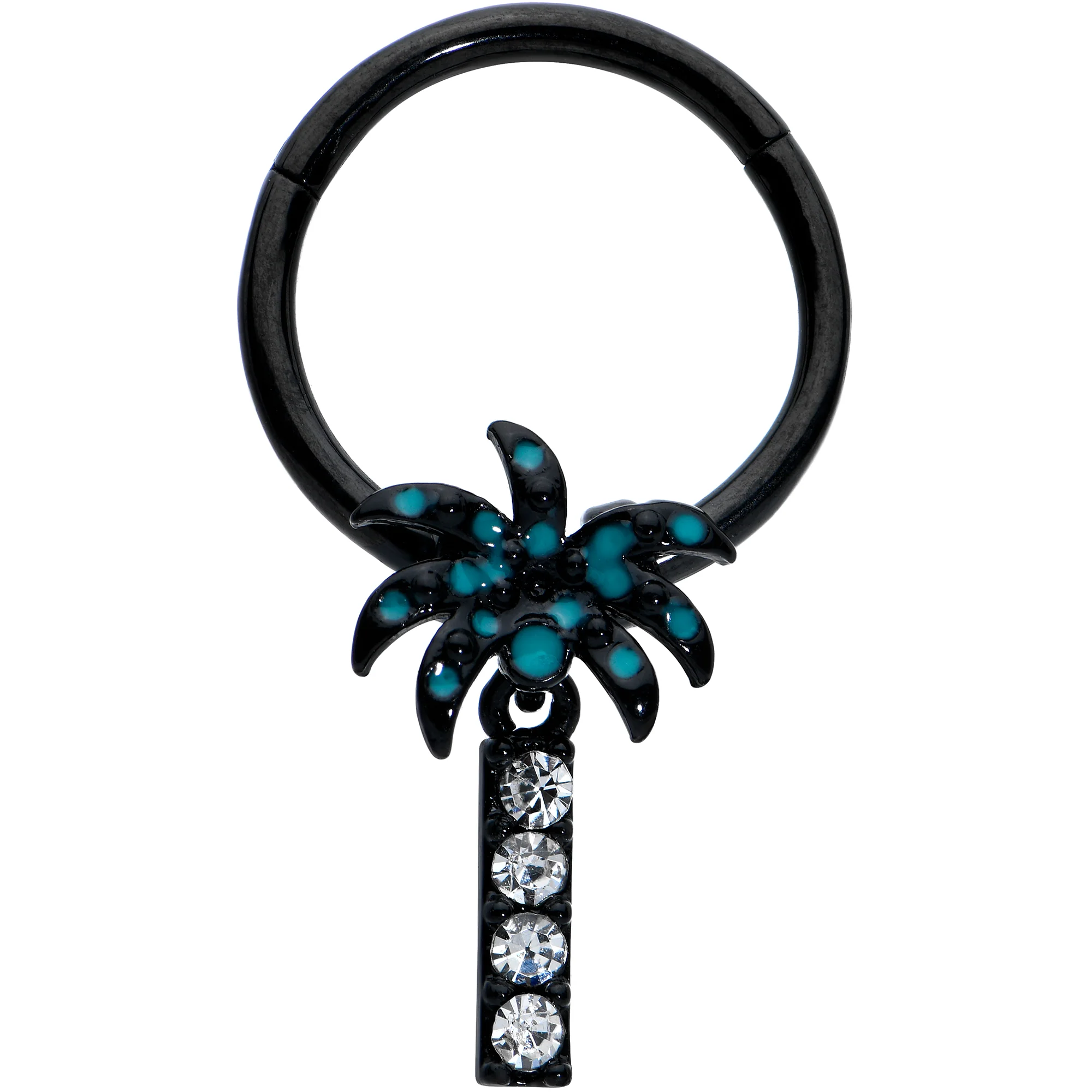 16G 3/8 Clear Gem Black Night Palm Tree Dangle Hinged Segment Ring