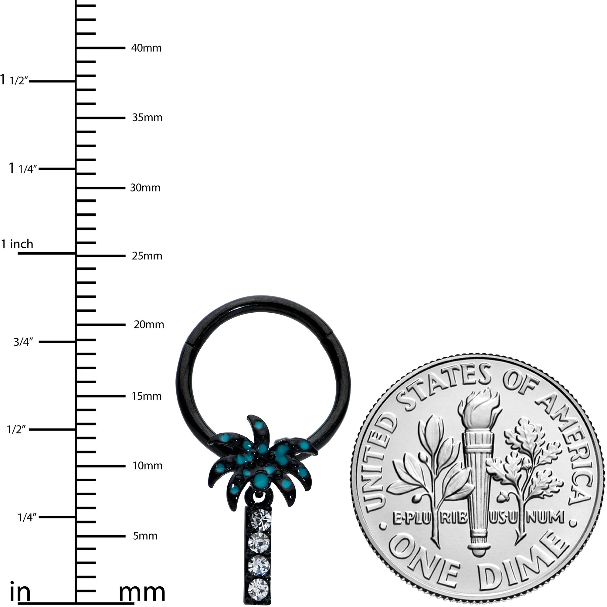 16G 3/8 Clear Gem Black Night Palm Tree Dangle Hinged Segment Ring - Image 3