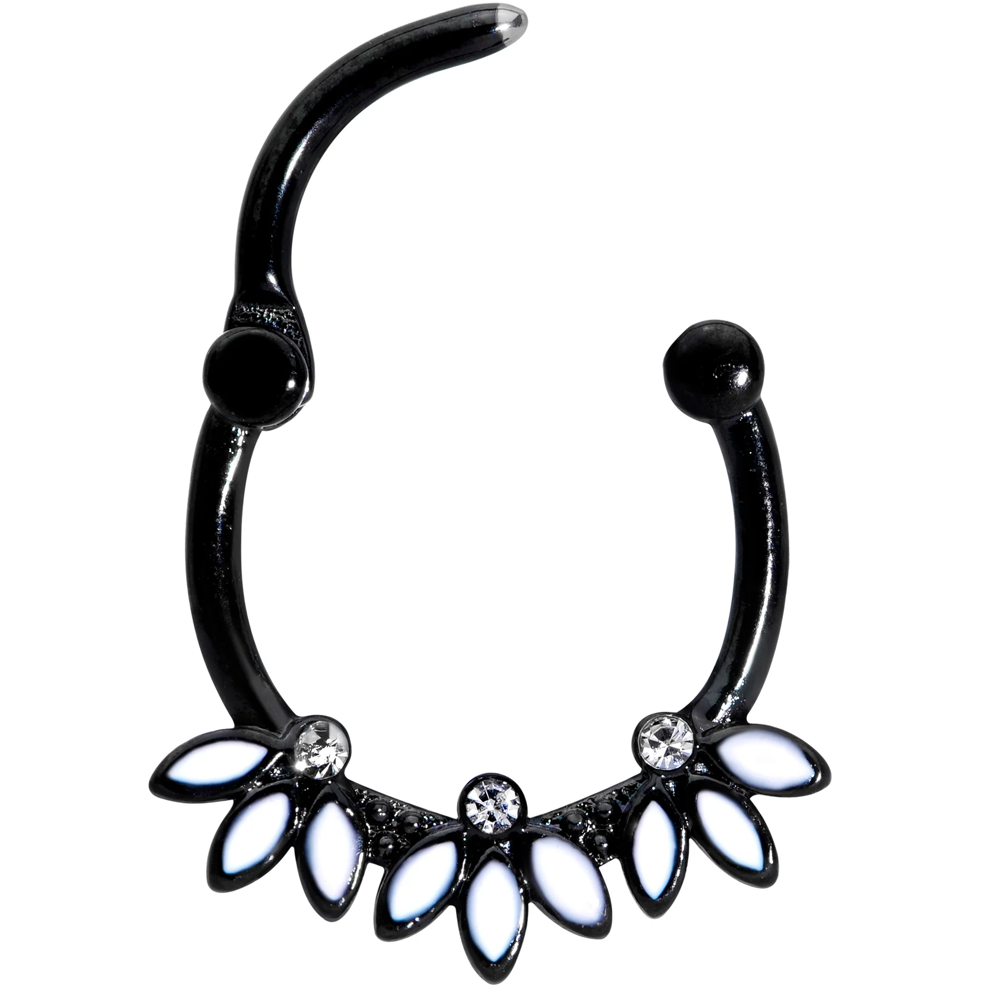 16G 3/8 Clear Gem Black White Leaves Cartilage Clicker - Image 2