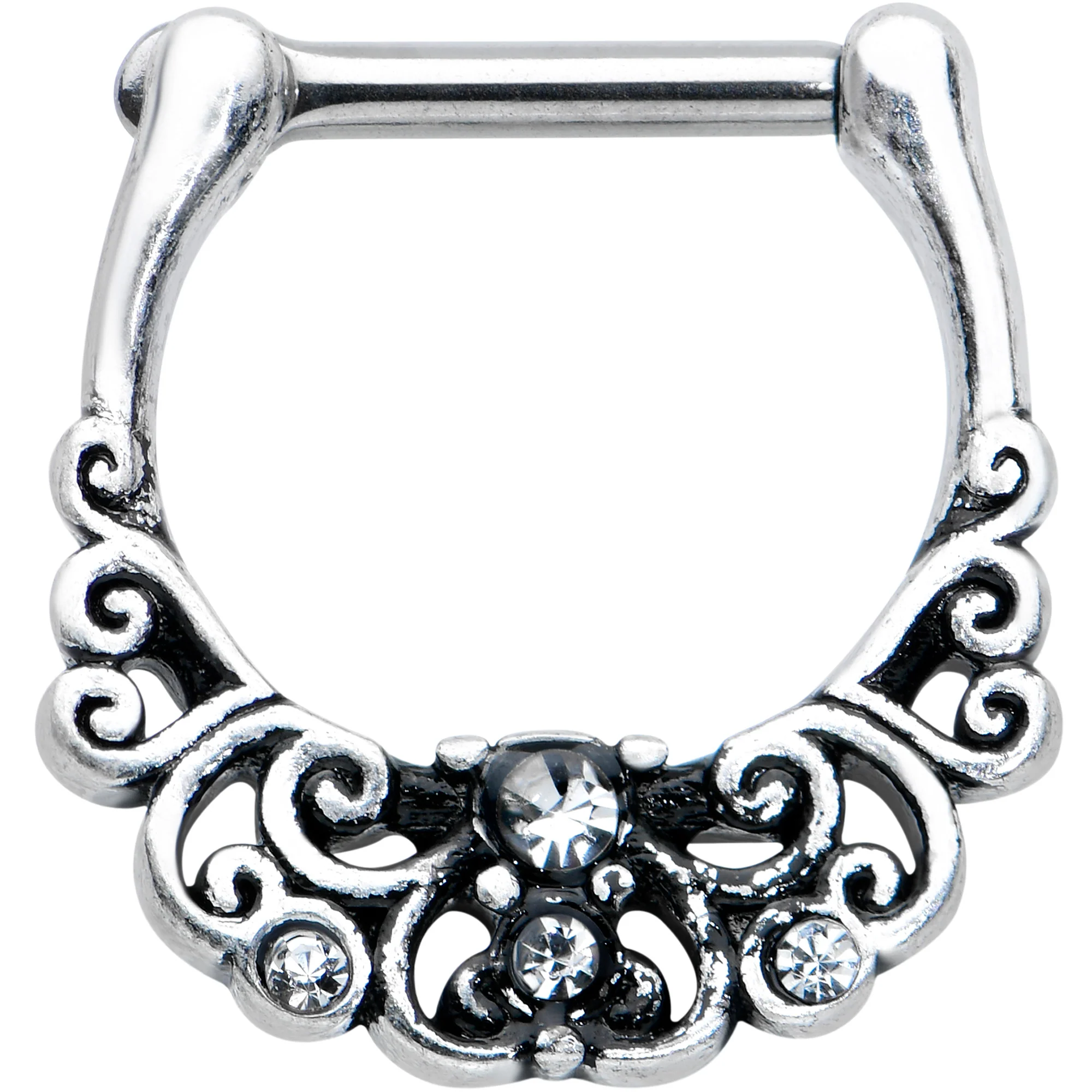 16G 3/8 Clear Gem Elegant Scrollwork Cartilage Clicker