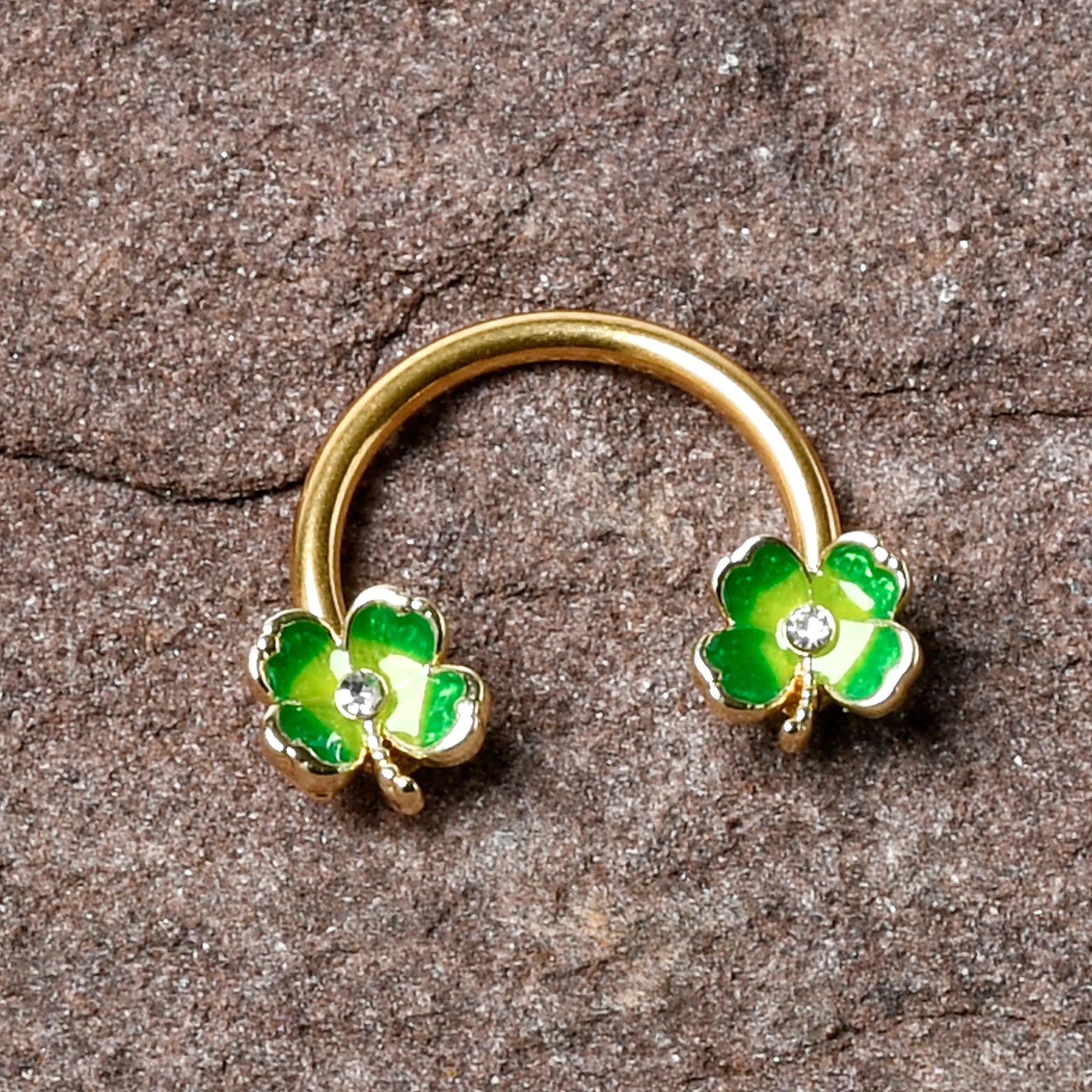 16G 3/8 Clear Gem Gold Hue Lucky Shamrock Horseshoe Circular Barbell - Image 4