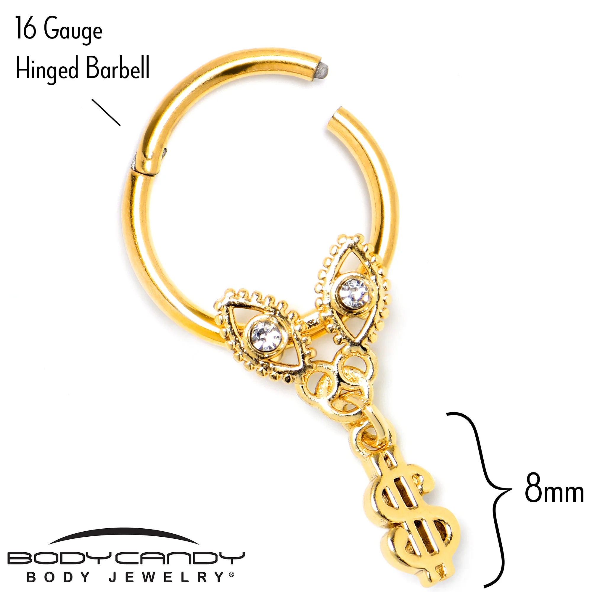 16G 3/8 Clear Gem Gold Hue Seeing Money Dangle Hinged Segment Ring - Image 4