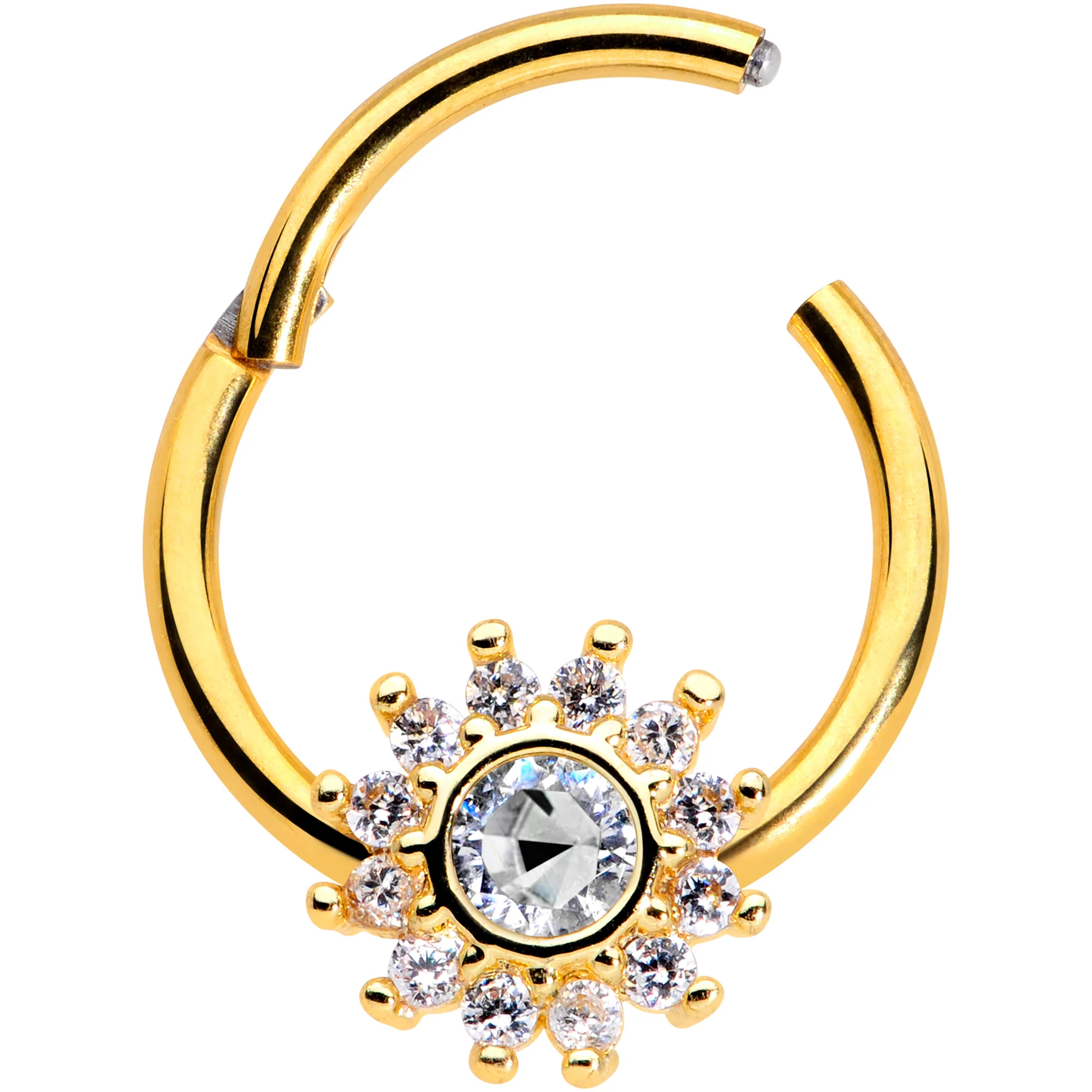 16G 3/8 Clear Gem Gold Tone Baroque Sun Hinged Segment Ring - Image 3