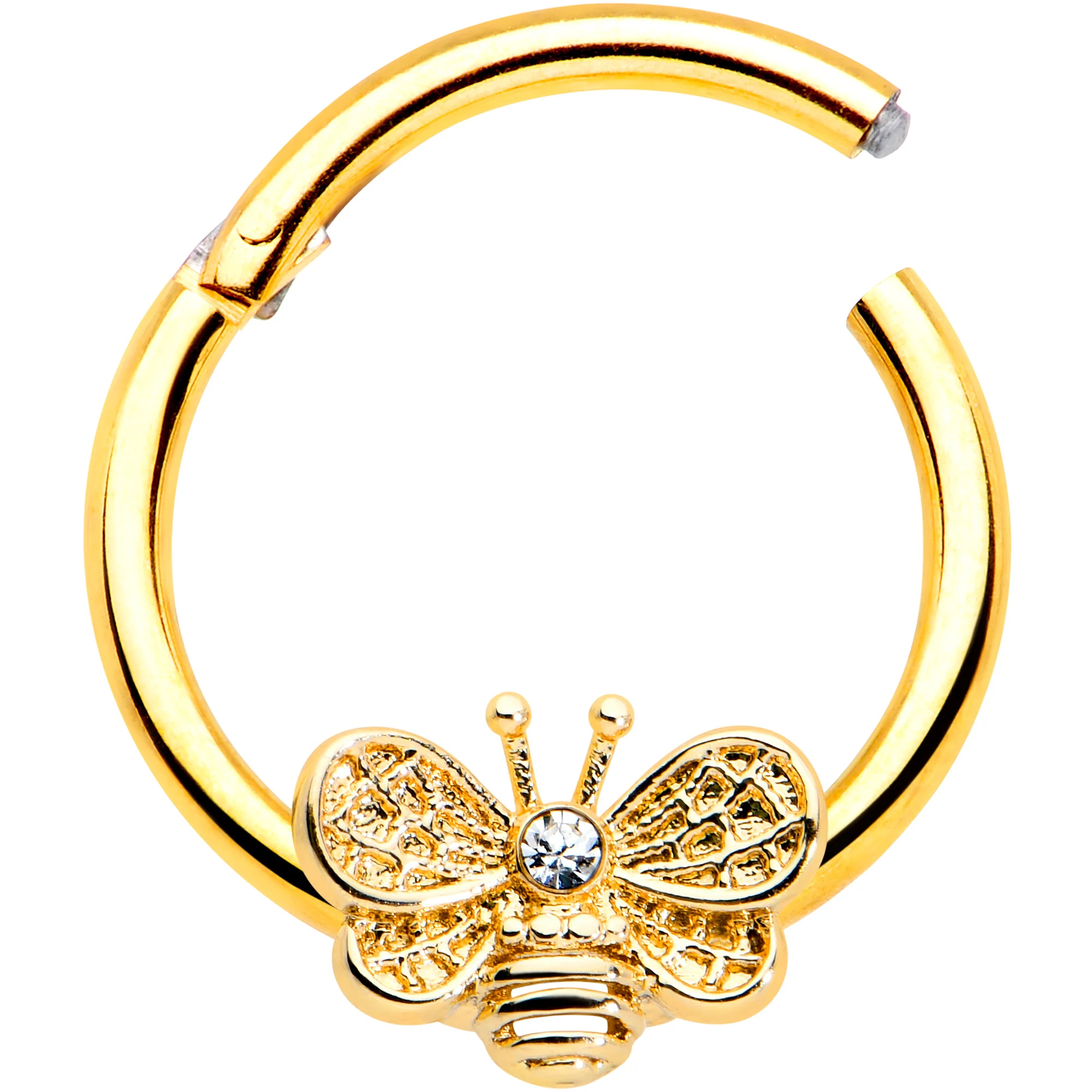 16G 3/8 Clear Gem Gold Tone Beauty Bee Hinged Circular Ring - Image 2
