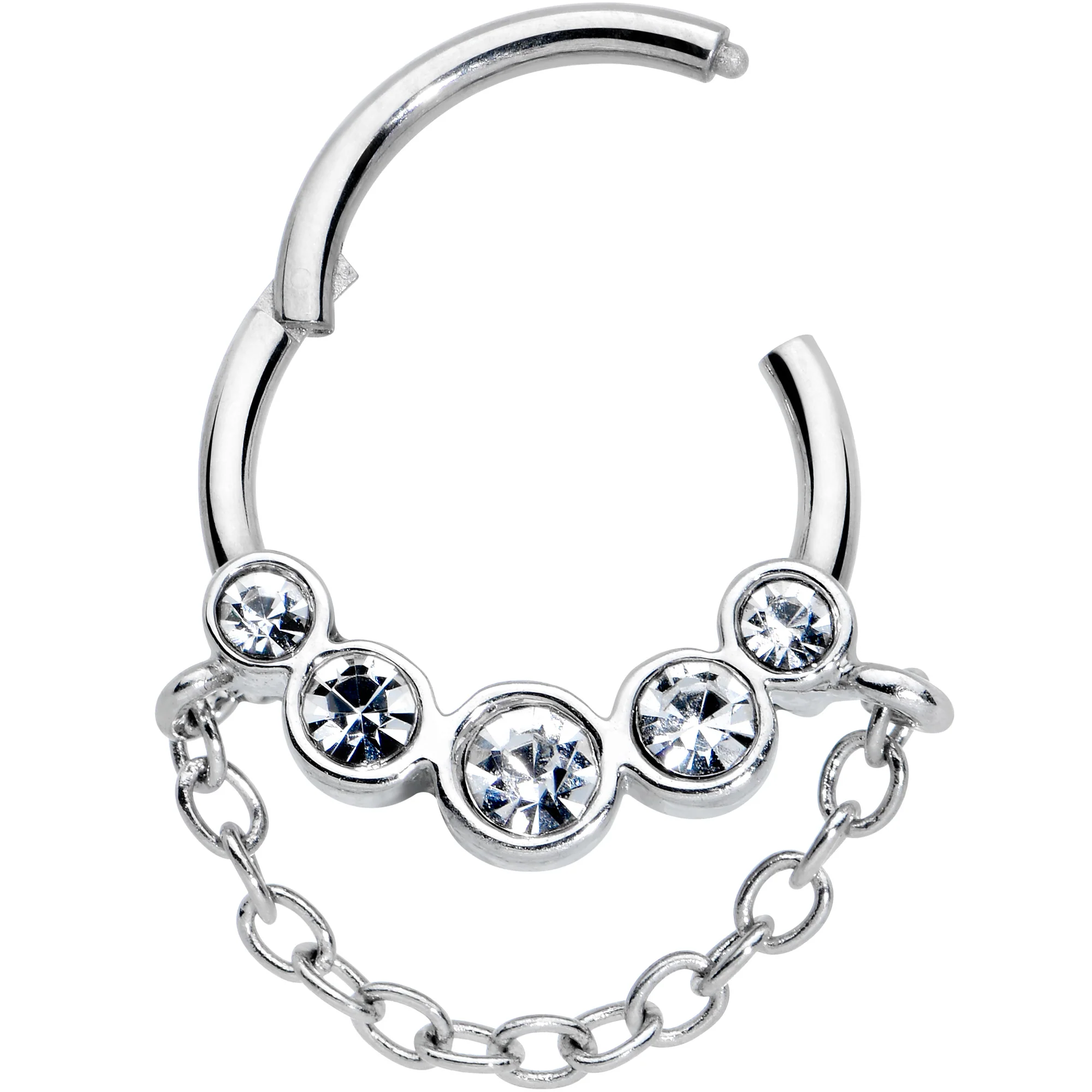 16G 3/8 Clear Gem Trio Chain Dangle Hinged Segment Ring - Image 2
