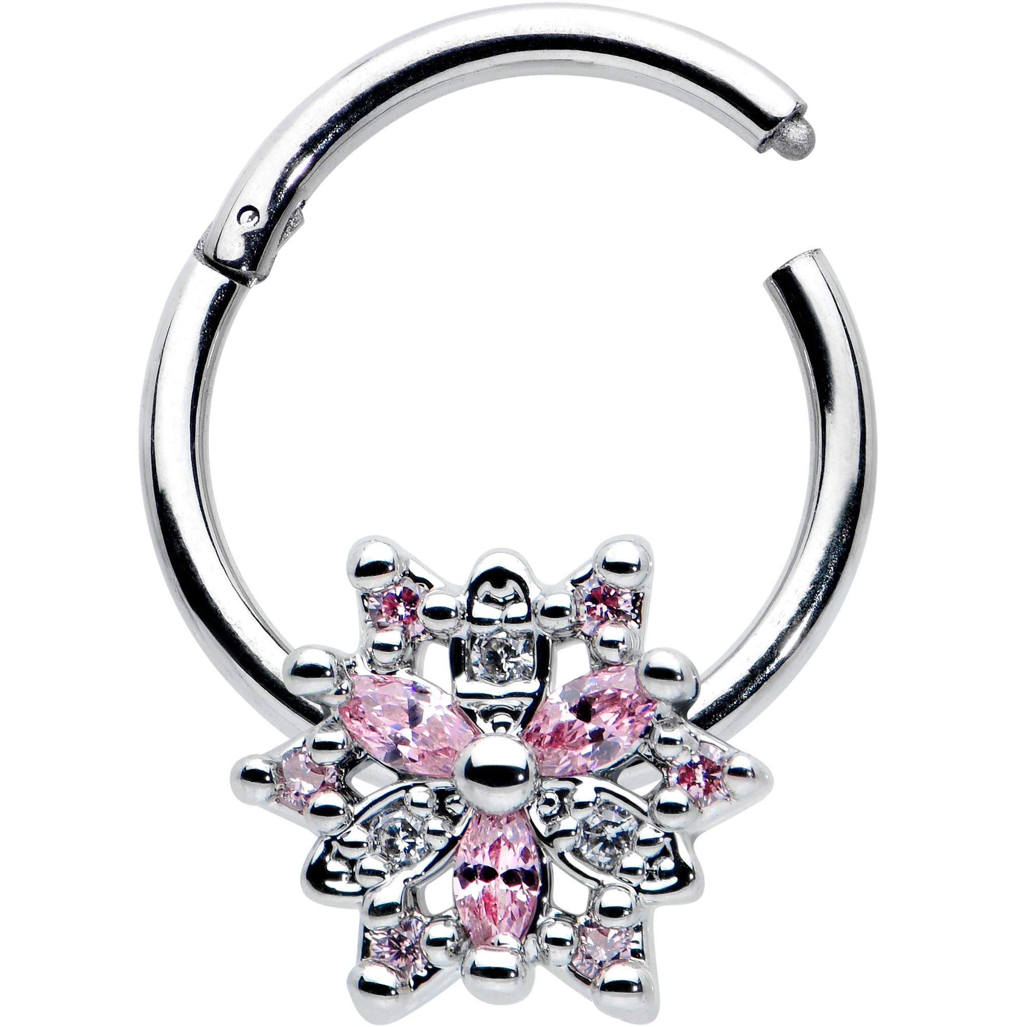 16G 3/8 Clear Pink CZ Gem Snowflake Hinged Circular Ring - Image 2