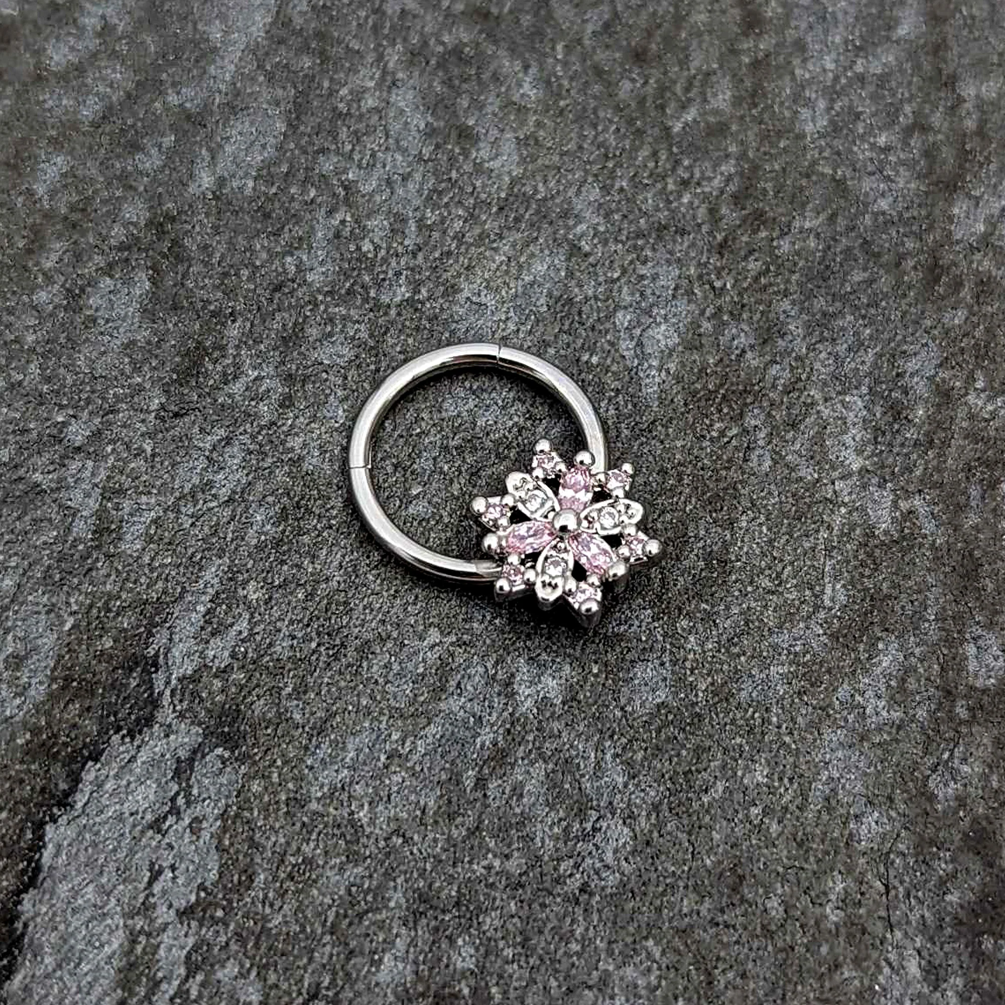 16G 3/8 Clear Pink CZ Gem Snowflake Hinged Circular Ring - Image 4