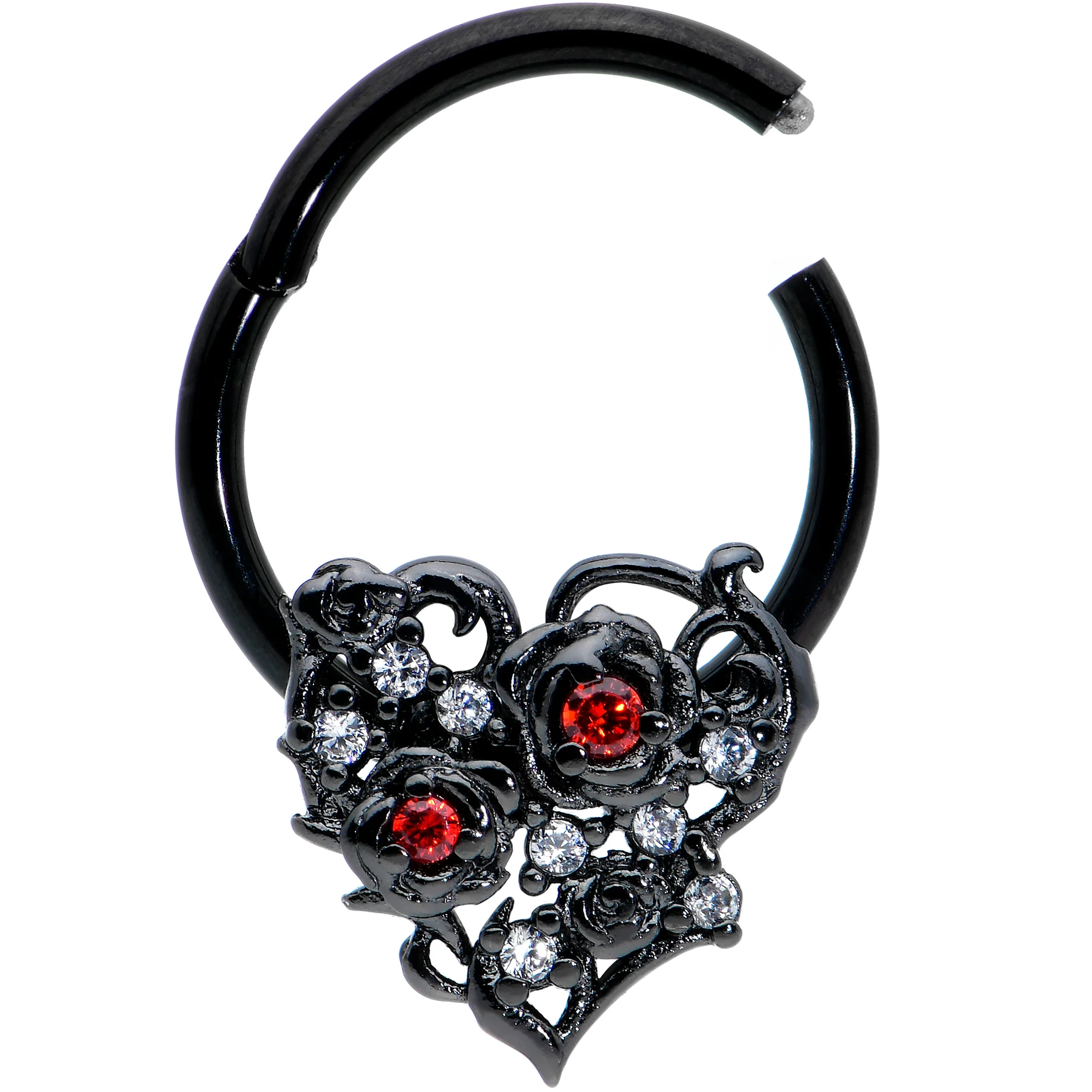 16G 3/8 Clear Red CZ Gem Black Heart Floral Hinged Segment Ring - Image 2