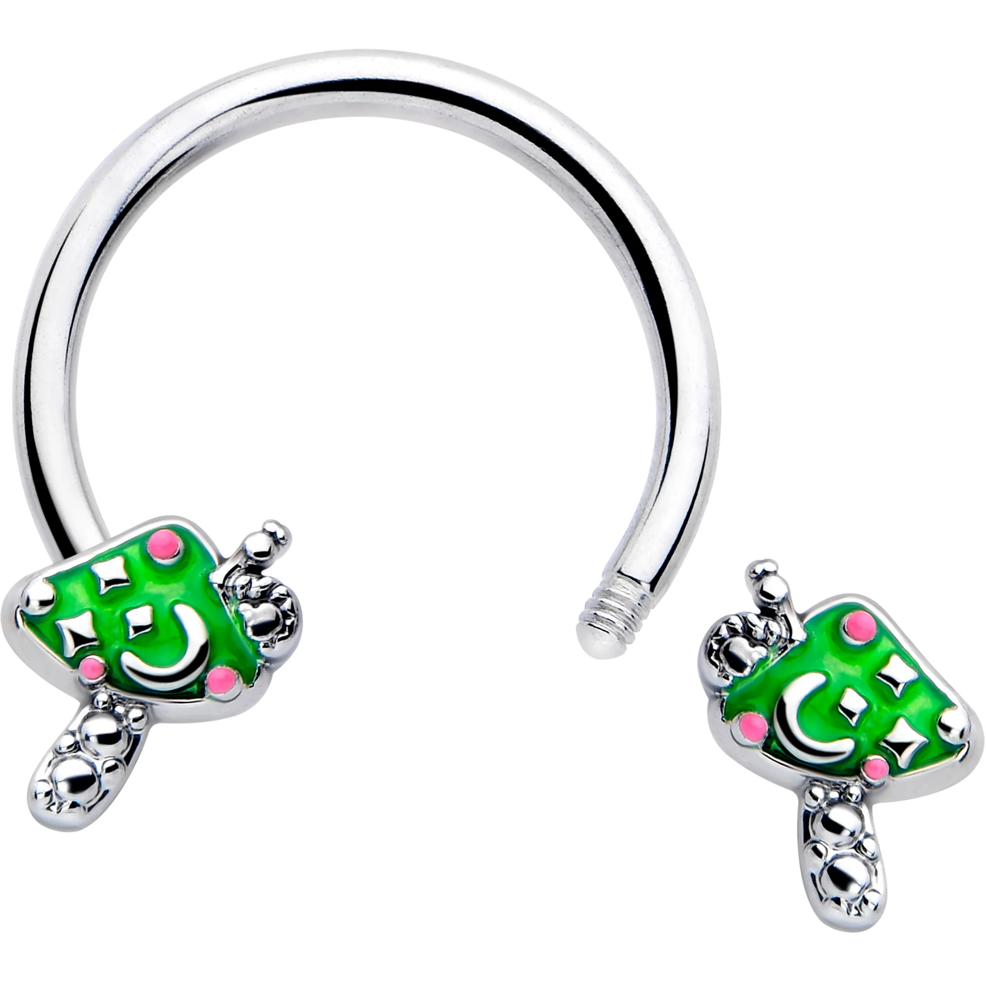 16G 3/8 Fanciful Green Mushrooms Horseshoe Circular Barbell - Image 2