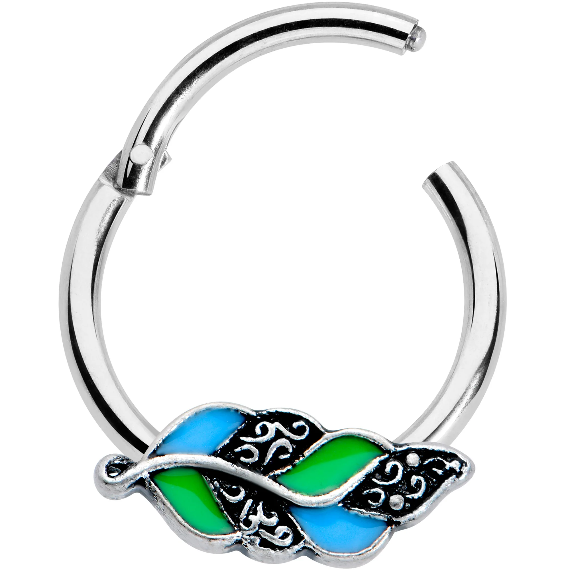 16G 3/8 Filigree Blue Green Leaves Hinged Segment Ring - Image 2