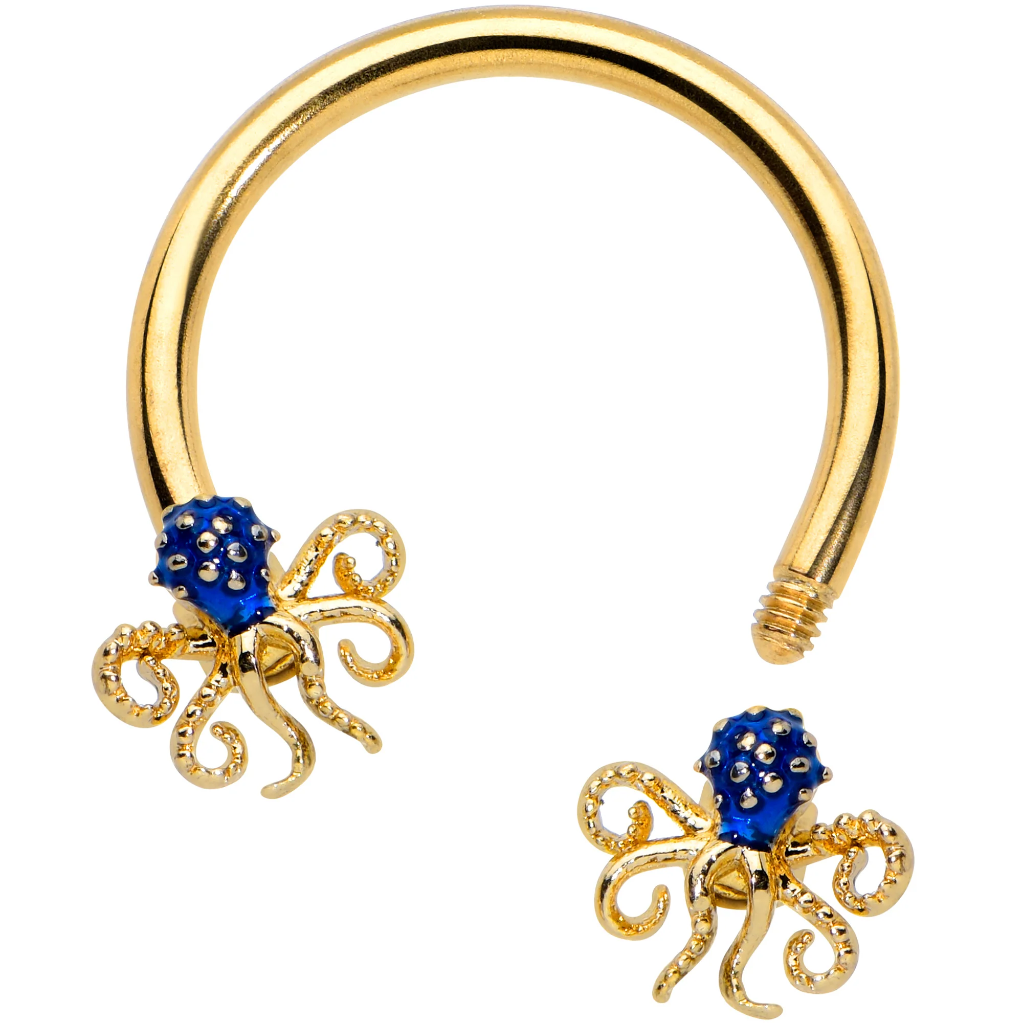 16G 3/8 Gold Tone Blue Octopus Ends Horseshoe Circular Barbell - Image 2