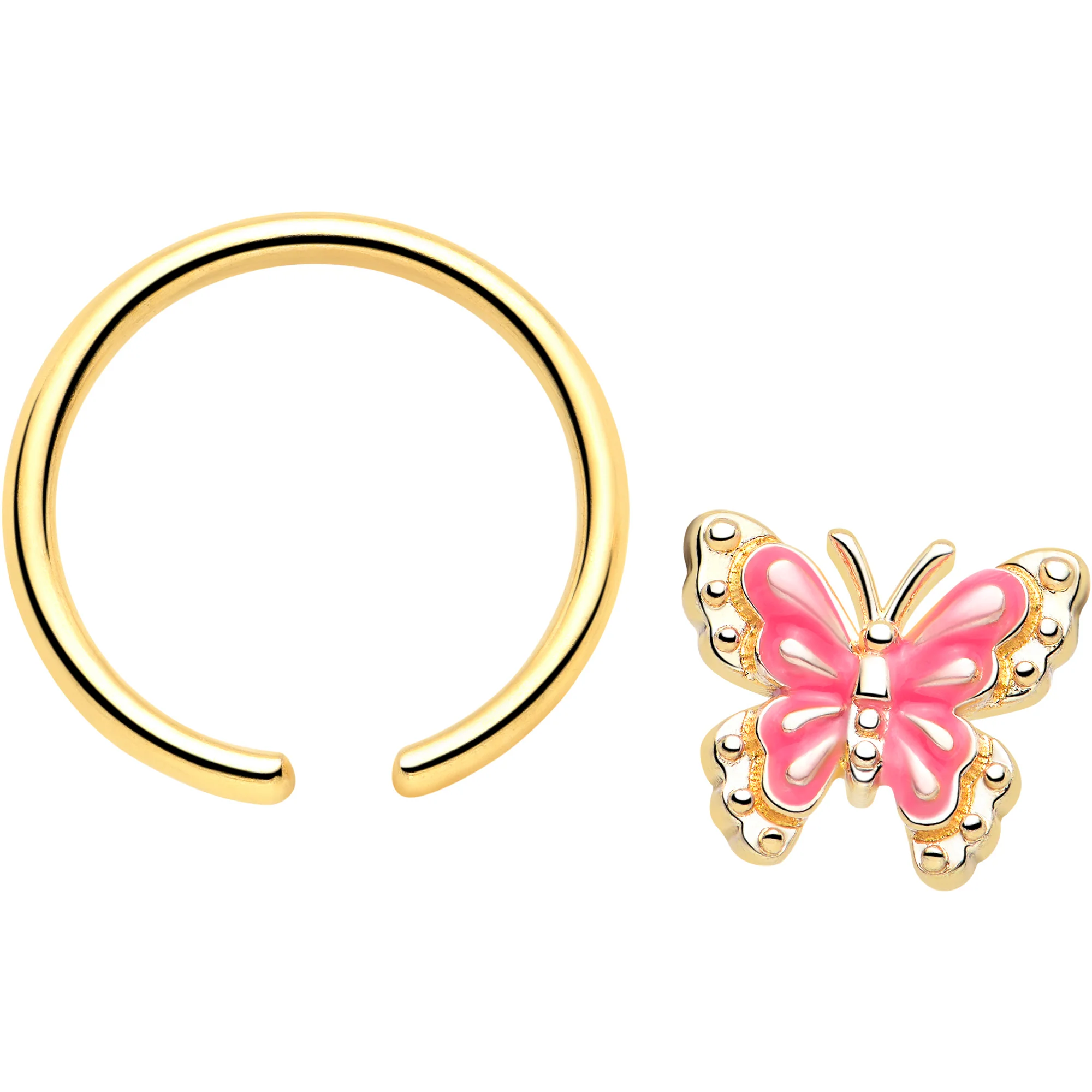 16G 3/8 Gold Tone Butterfly Pink Splash BCR Captive Charm Ring - Image 2