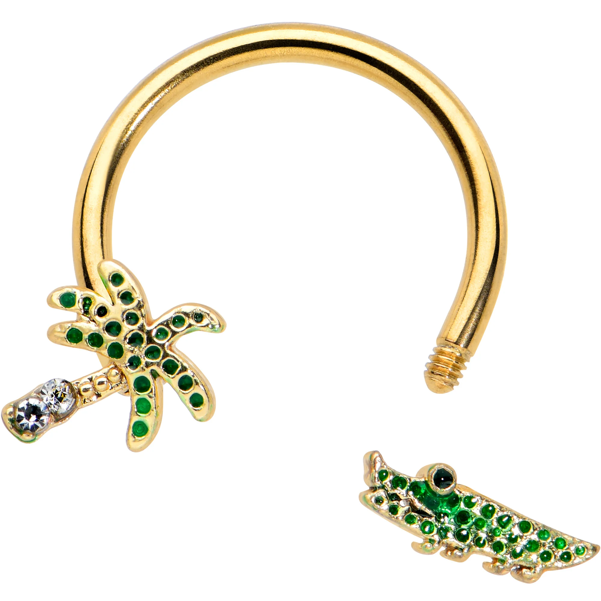 16G 3/8 Gold Tone Green Gator Palm Tree Horseshoe Curved Barbell - Image 2
