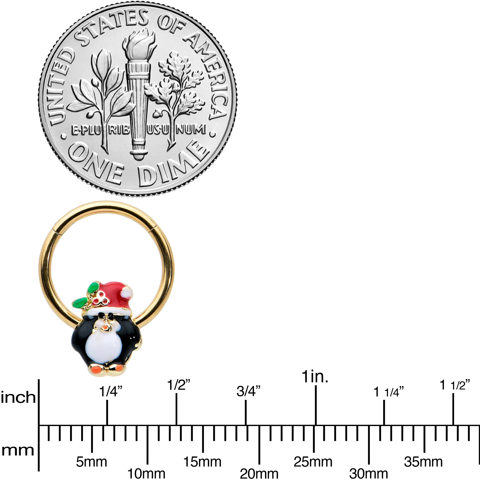 16G 3/8 Gold Tone Holly Hat Penguin Holiday Hinged Segment Ring - Image 8
