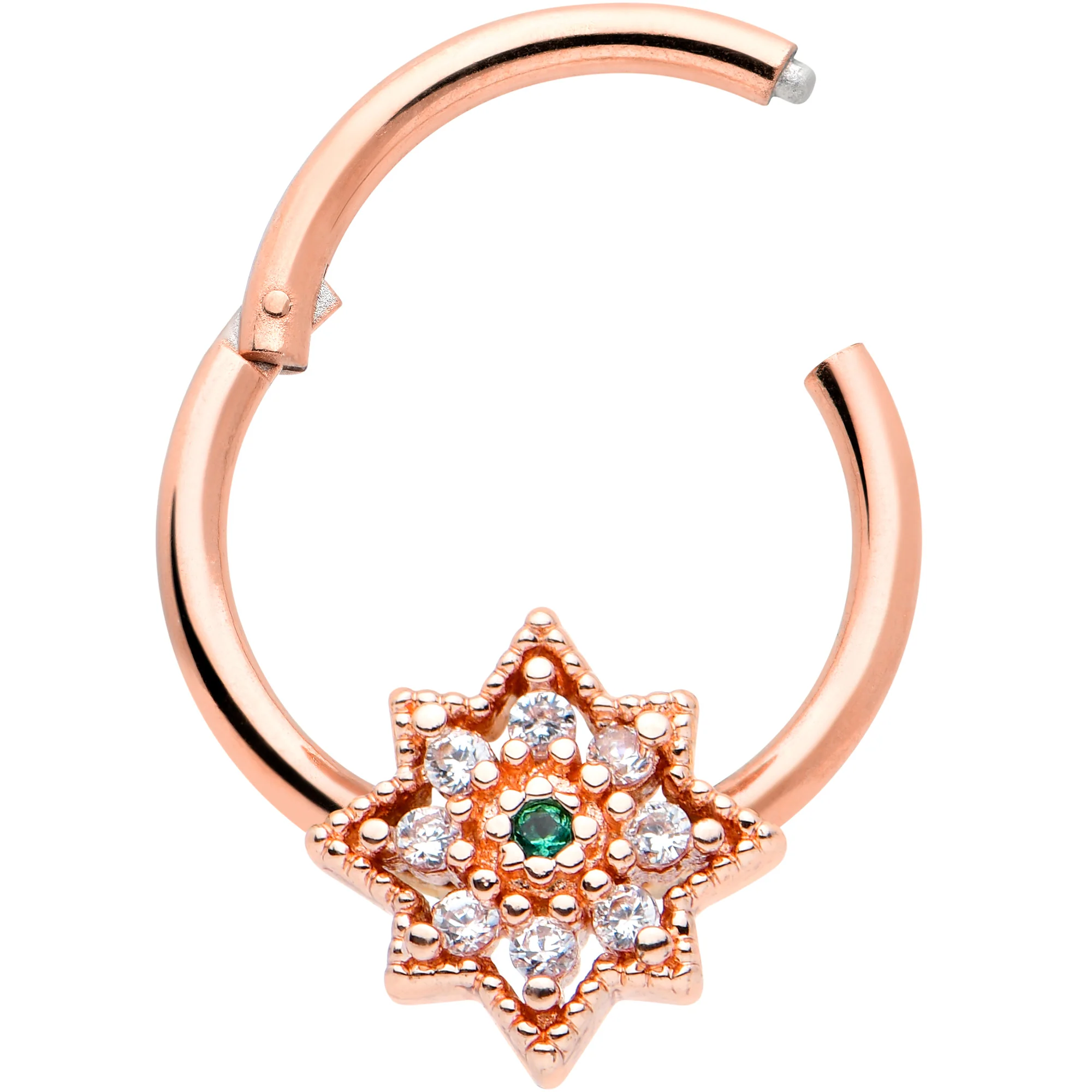 16G 3/8 Green Gem Rose Gold Tone Evening Star Hinged Segment Ring - Image 2