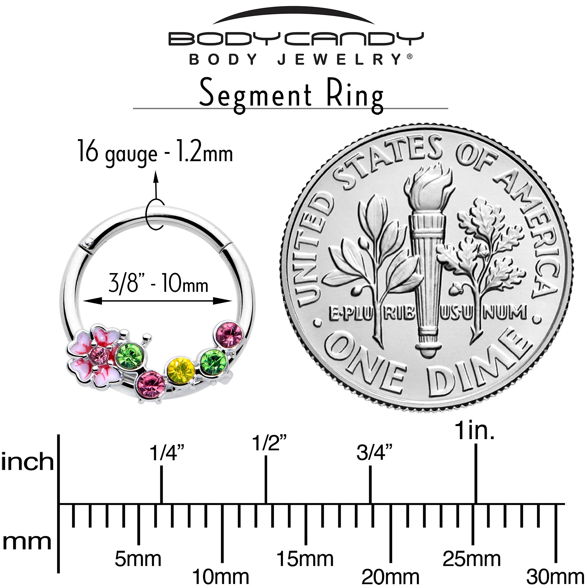 16G 3/8 Green Pink CZ Gem Caterpillar Flower Hinged Segment Ring - Image 4