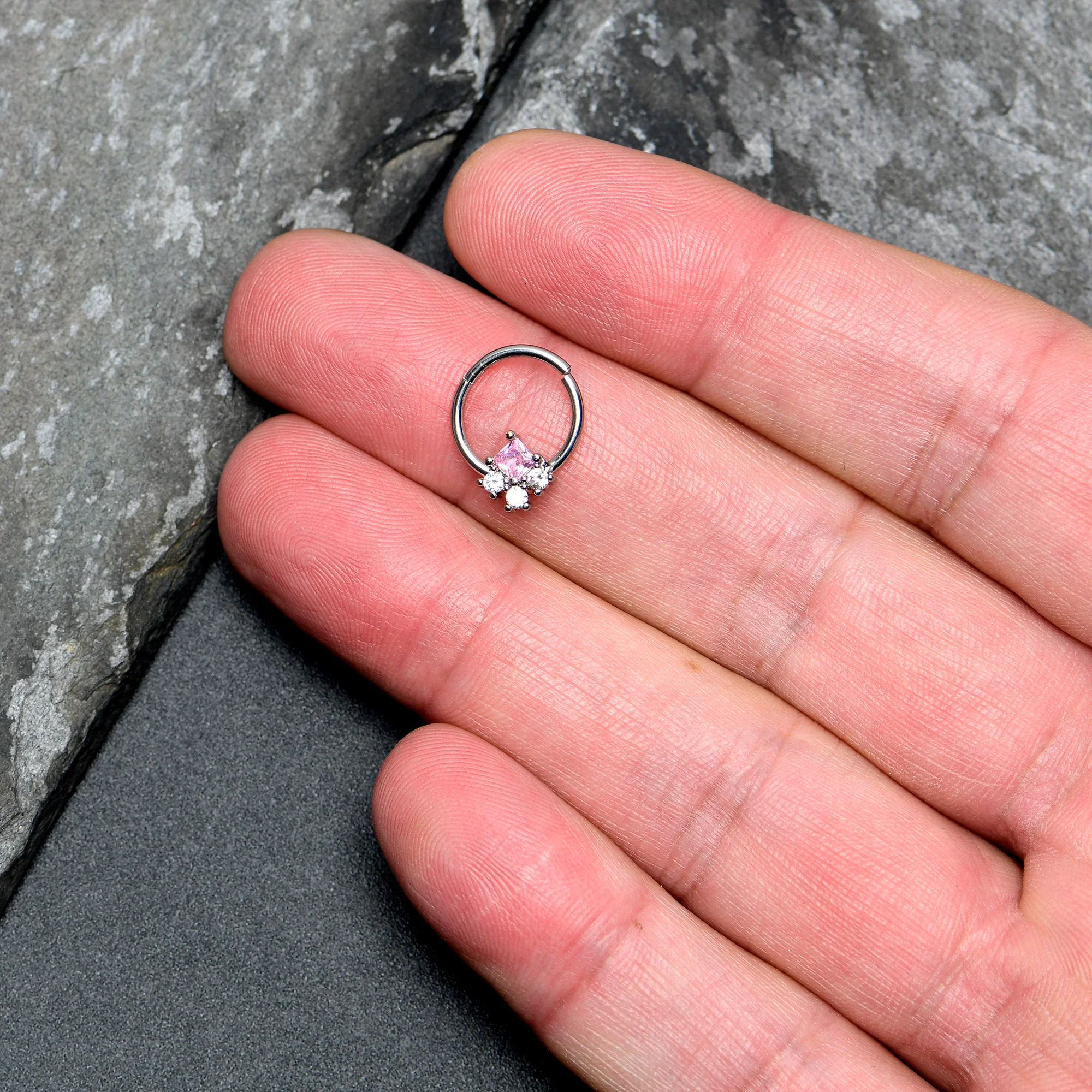 16G 3/8 Pink Clear CZ Gem Rhombus Riot Hinged Segment Ring - Image 3