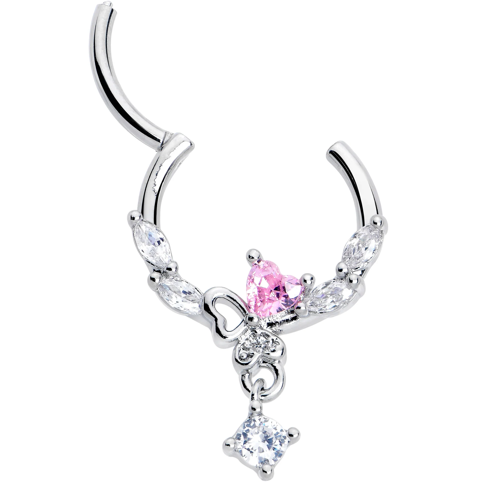 16G 3/8 Pink CZ Gem Butterfly Heart Dangle Hinged Segment Ring - Image 3