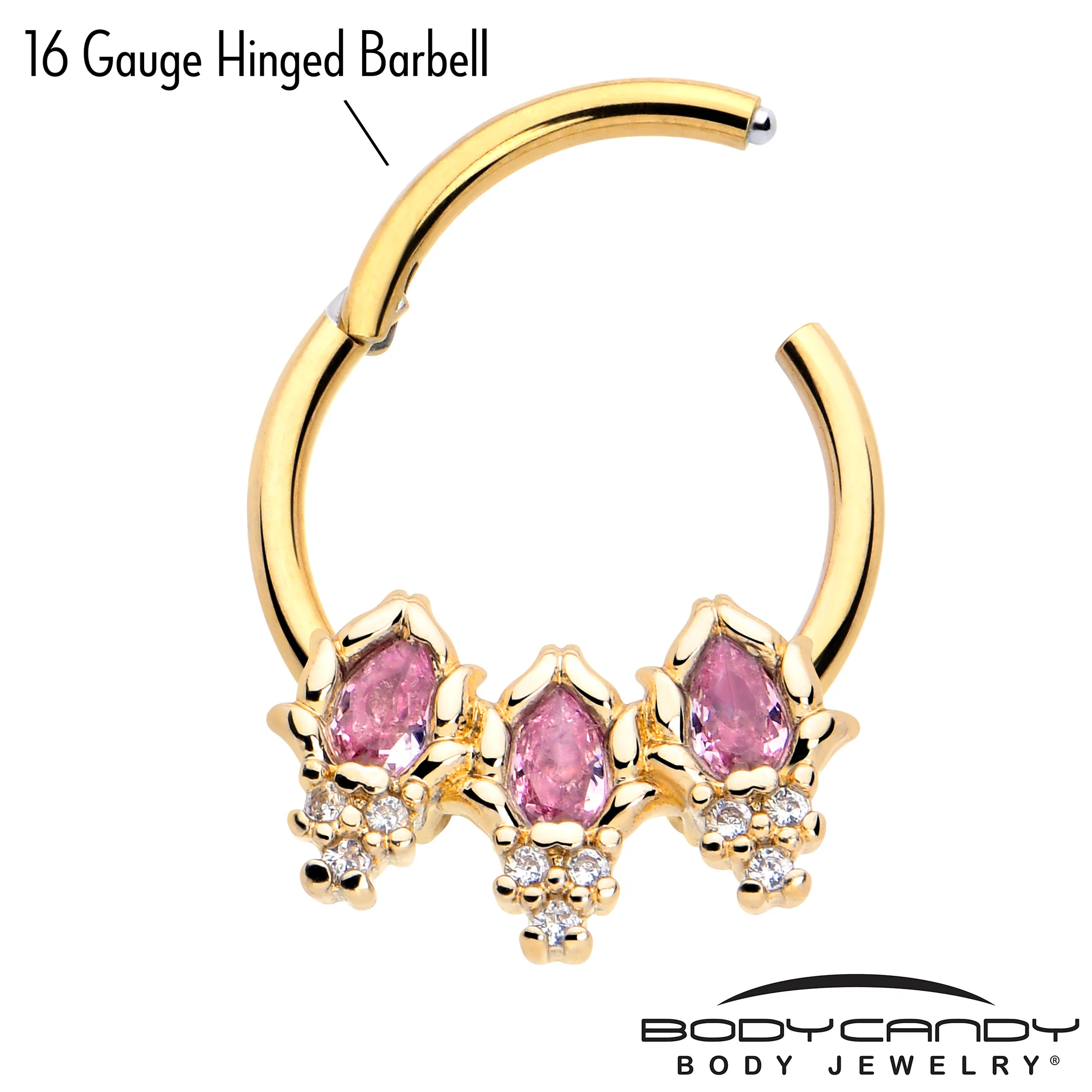 16G 3/8 Pink CZ Gem Gold Tone Style Fire Hinged Segment Ring - Image 3