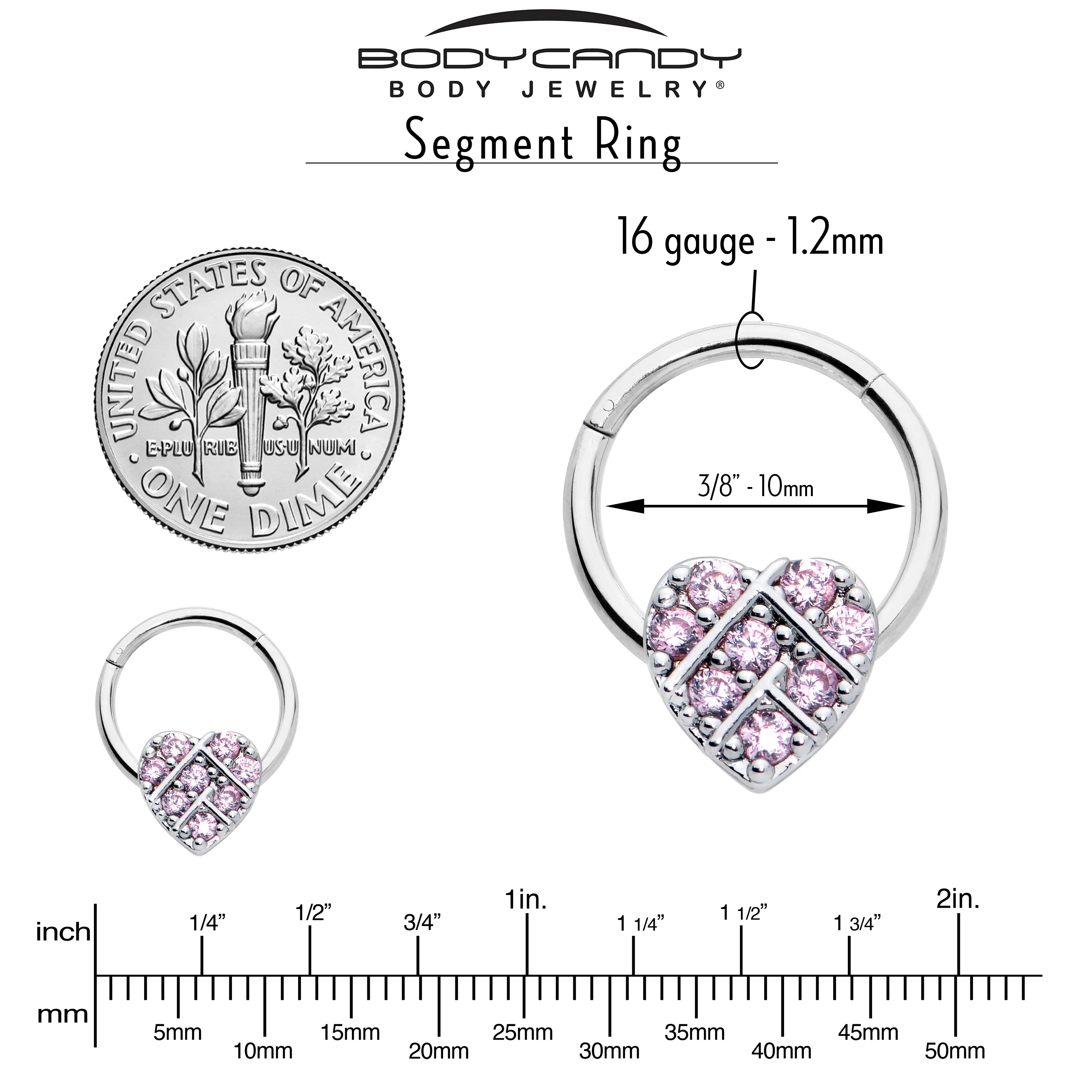 16G 3/8 Pink CZ Gem Lattice Heart Hinged Segment Ring - Image 3