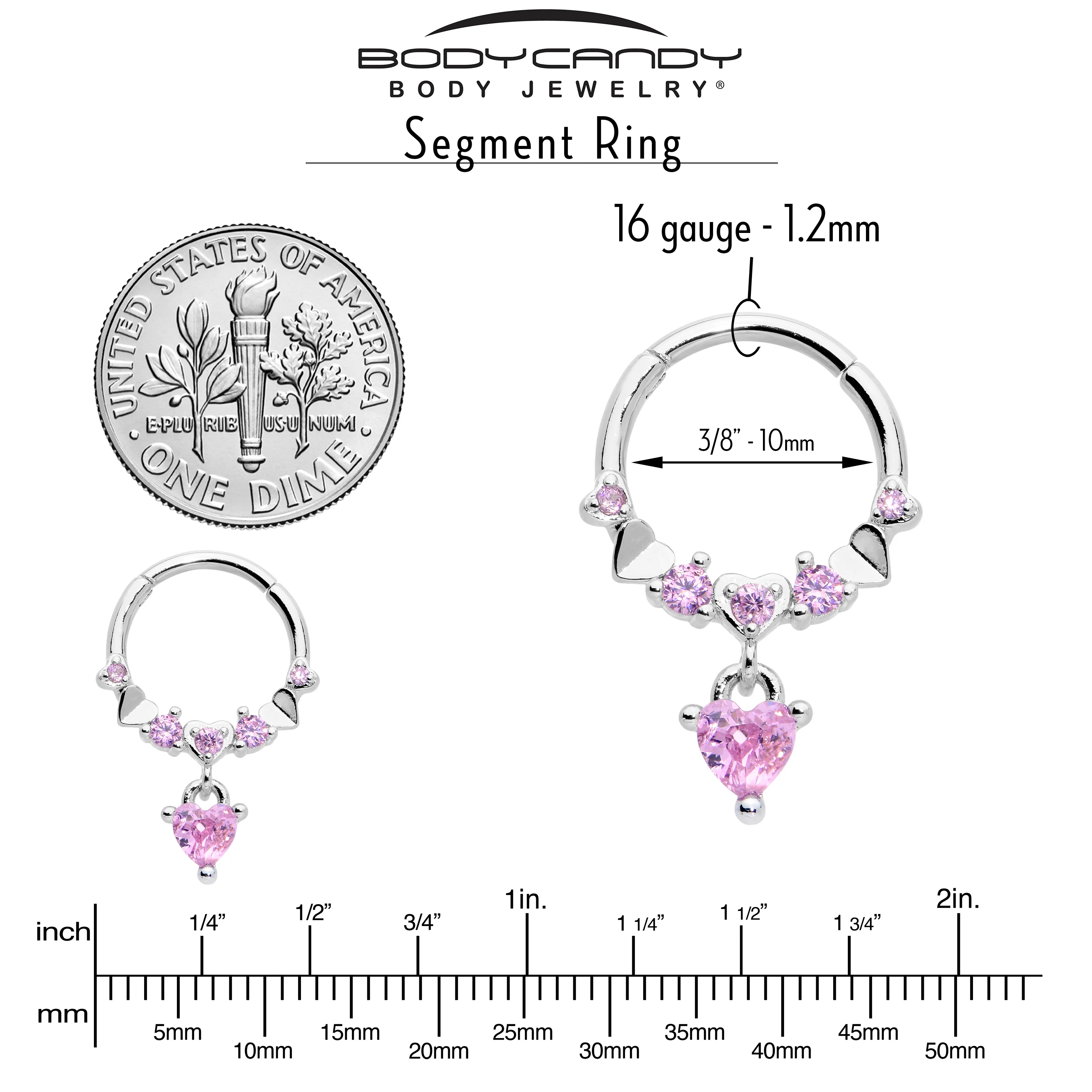 16G 3/8 Pink CZ Gem Love Heart Dangle Hinged Segment Ring - Image 3
