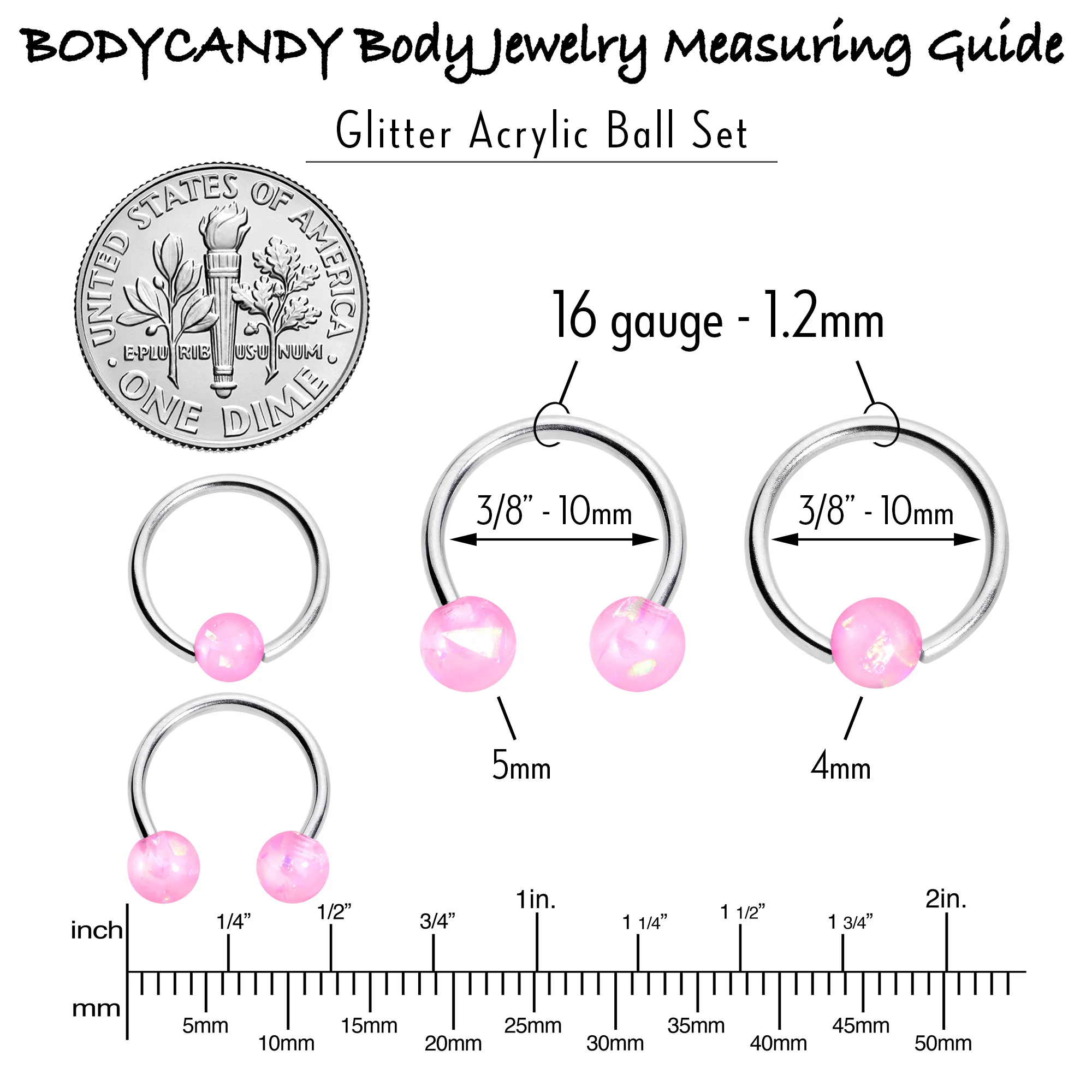 16G 3/8 Pink Faux Opal Horseshoe BCR Captive Ring Set of 4 - Image 5