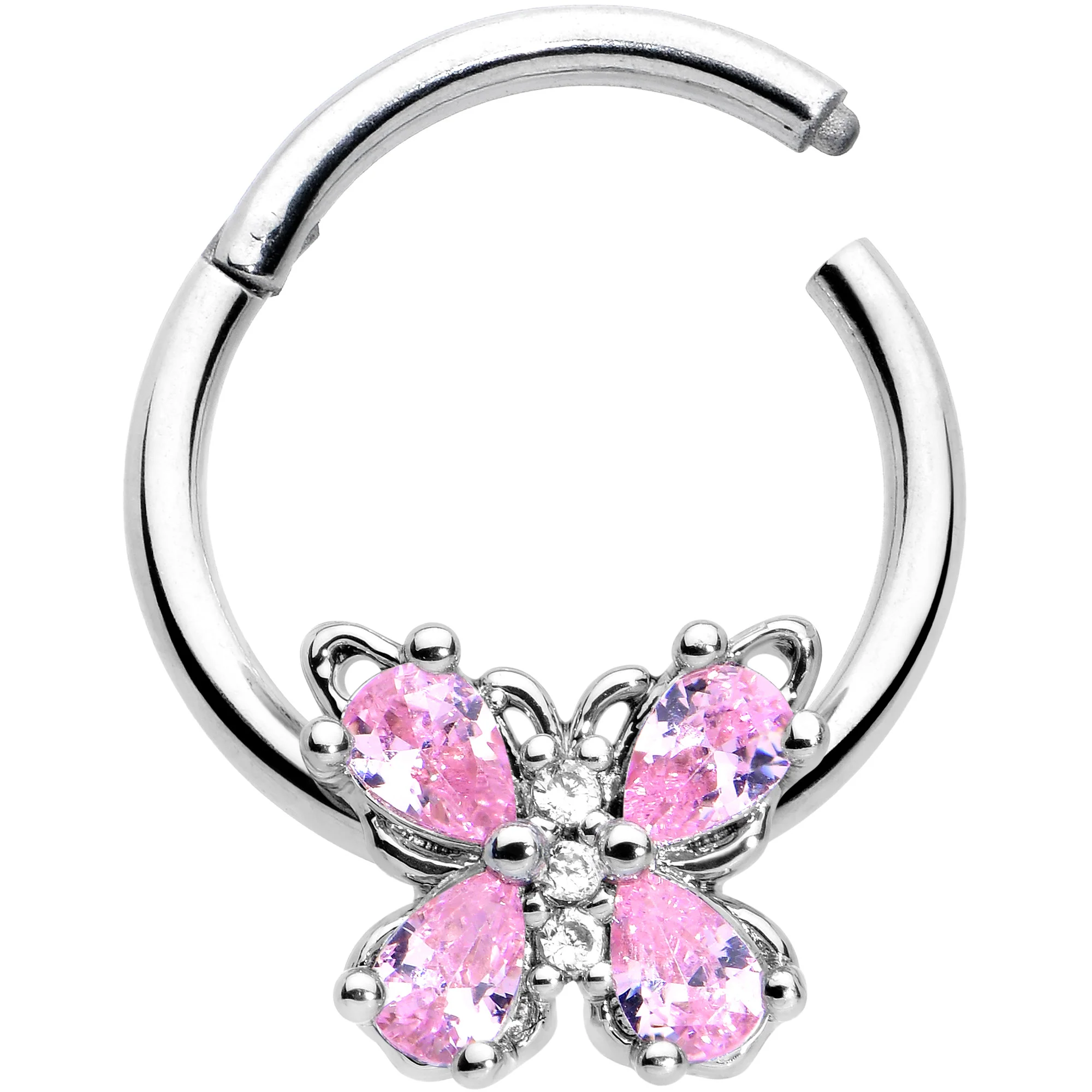 16G 3/8 Pink Gem Baroque Beauty Butterfly Hinged Segment Ring - Image 2