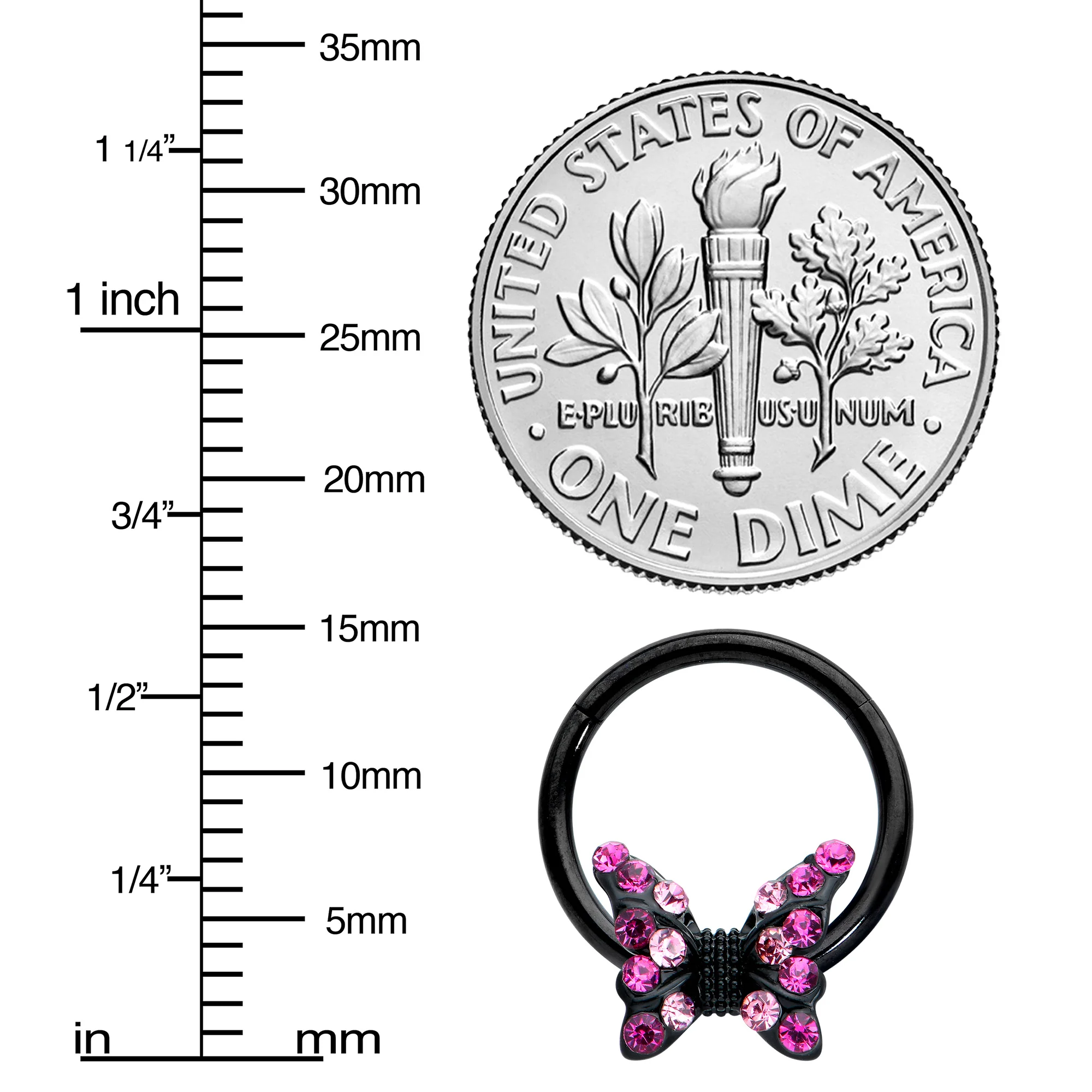 16G 3/8 Pink Gem Black Midnight Butterfly Hinged Segment Ring - Image 3