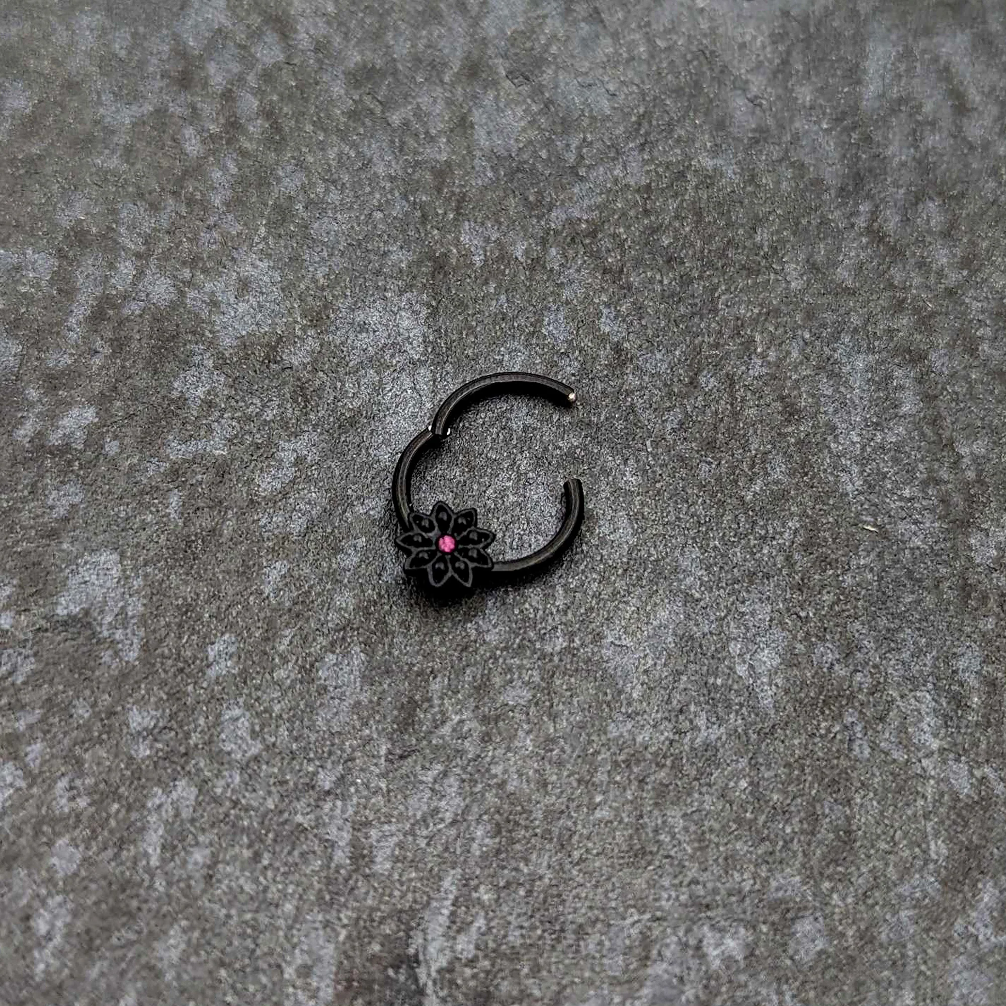 16G 3/8 Pink Gem Black Starry Flower Hinged Segment Ring - Image 5