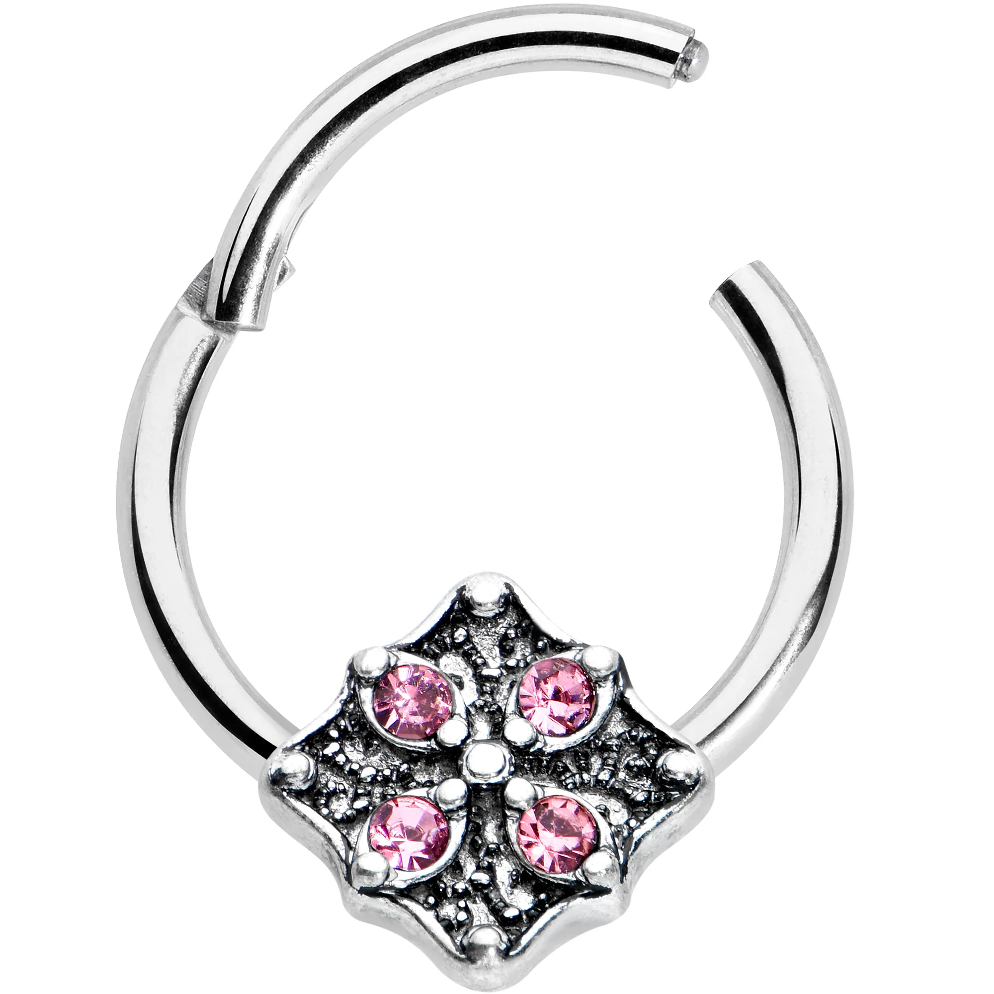 16G 3/8 Pink Gem Floral Rhombus Baroque Hinged Segment Ring - Image 2