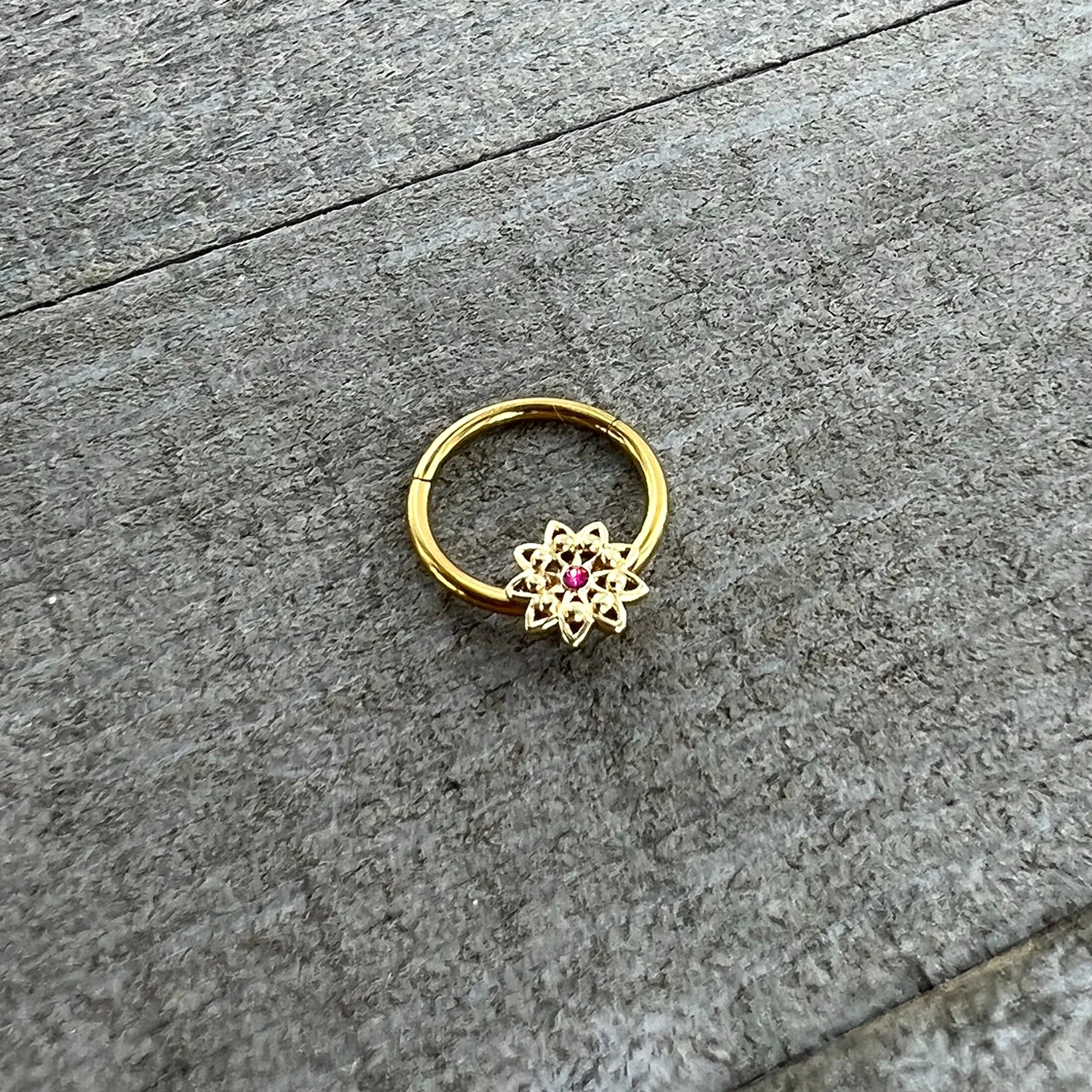16G 3/8 Pink Gem Gold Tone Starry Flower Hinged Segment Ring - Image 6