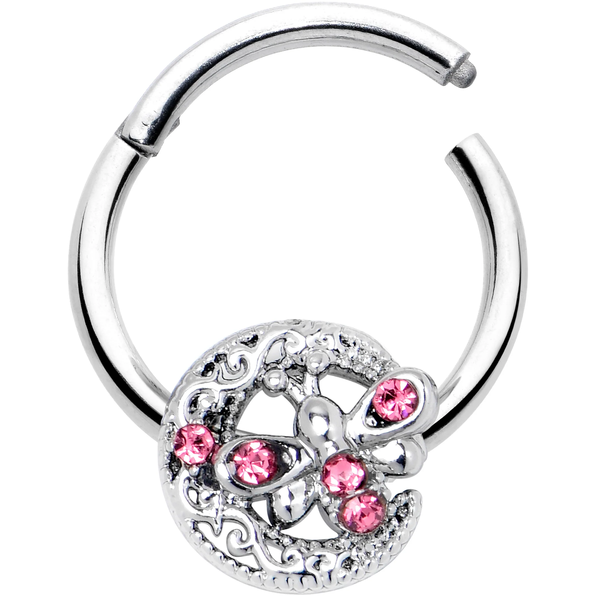 16G 3/8 Pink Gem Lunar Dragonfly Hinged Segment Ring - Image 2