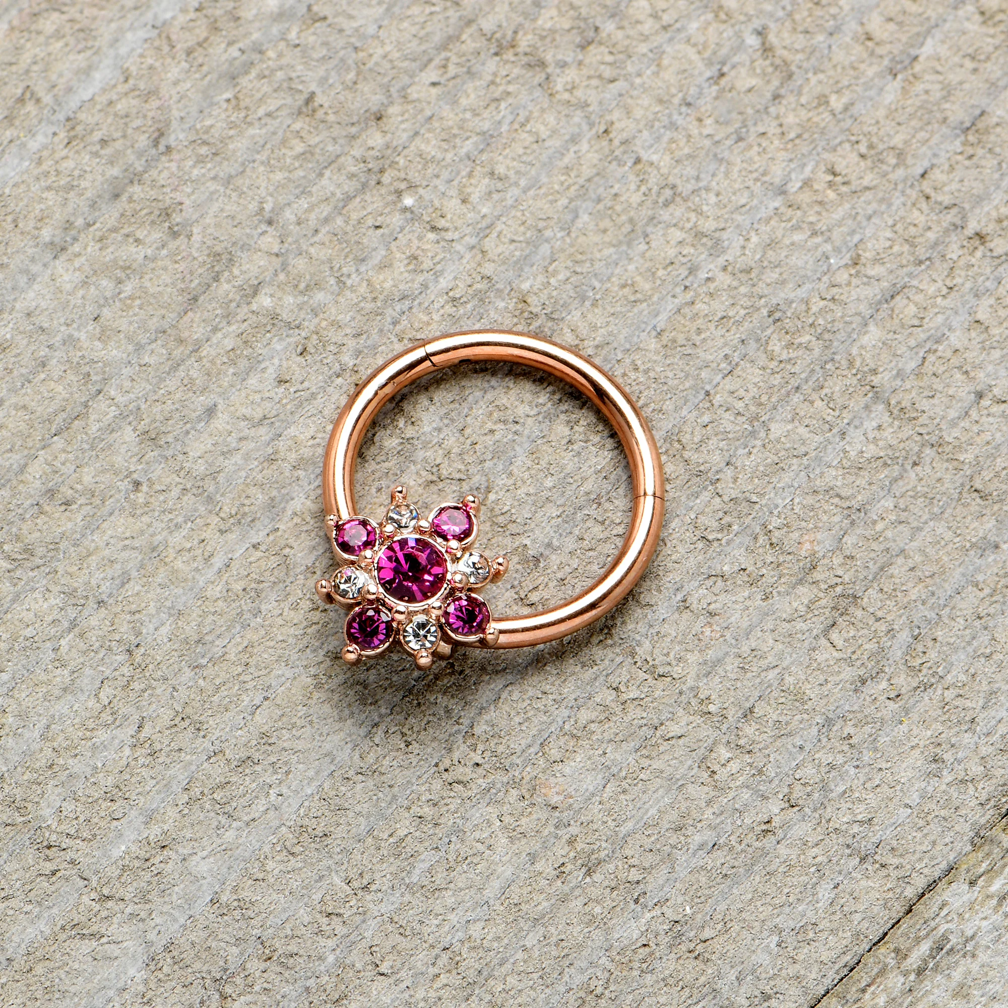 16G 3/8 Pink Gem Rose Gold Tone Glamour Star Hinged Segment Ring - Image 6