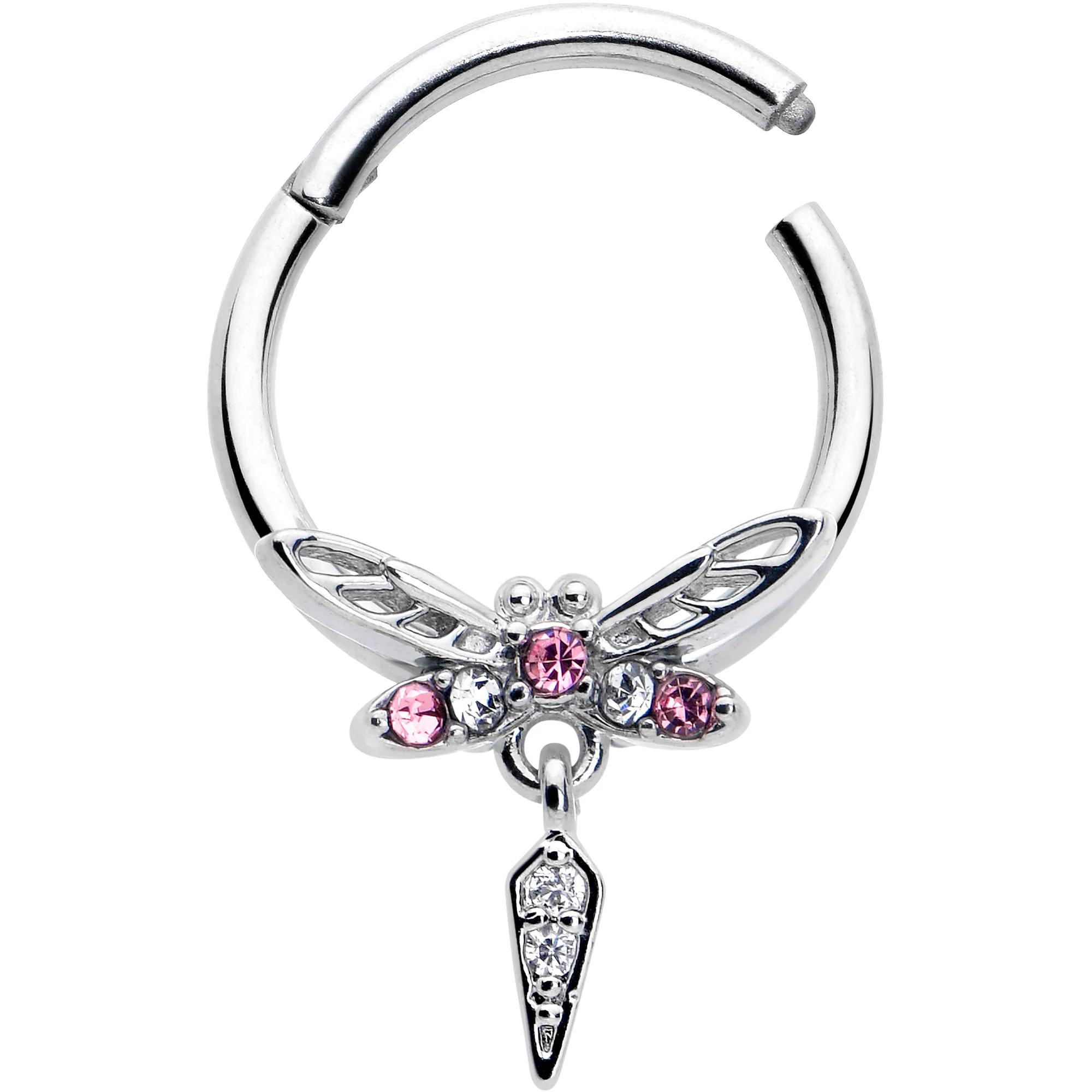 16G 3/8 Pink Gem Swank Dragonfly Dangle Hinged Segment Ring - Image 2