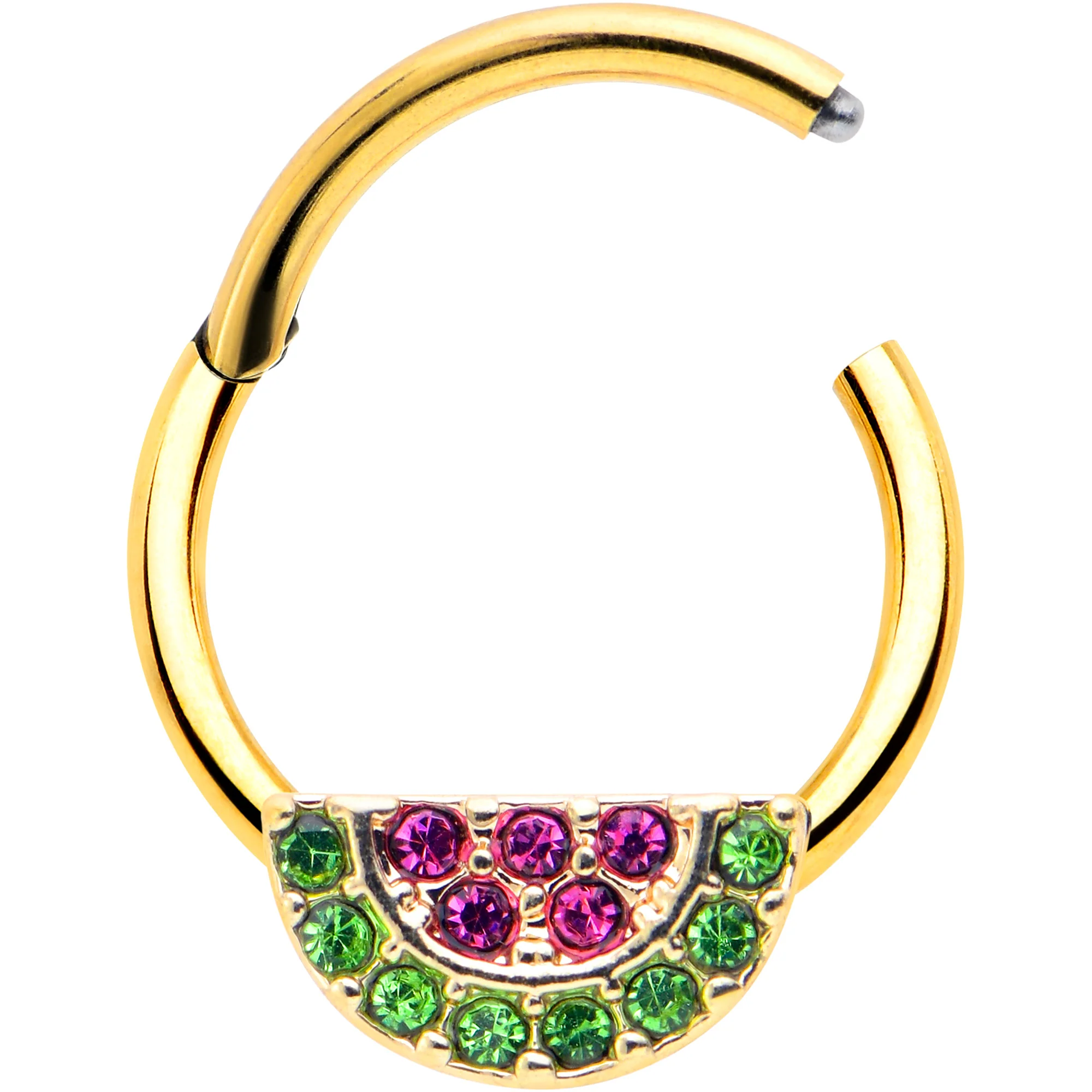 16G 3/8 Pink Green Gem Gold Hue Watermelon Yum Hinged Segment Ring - Image 2