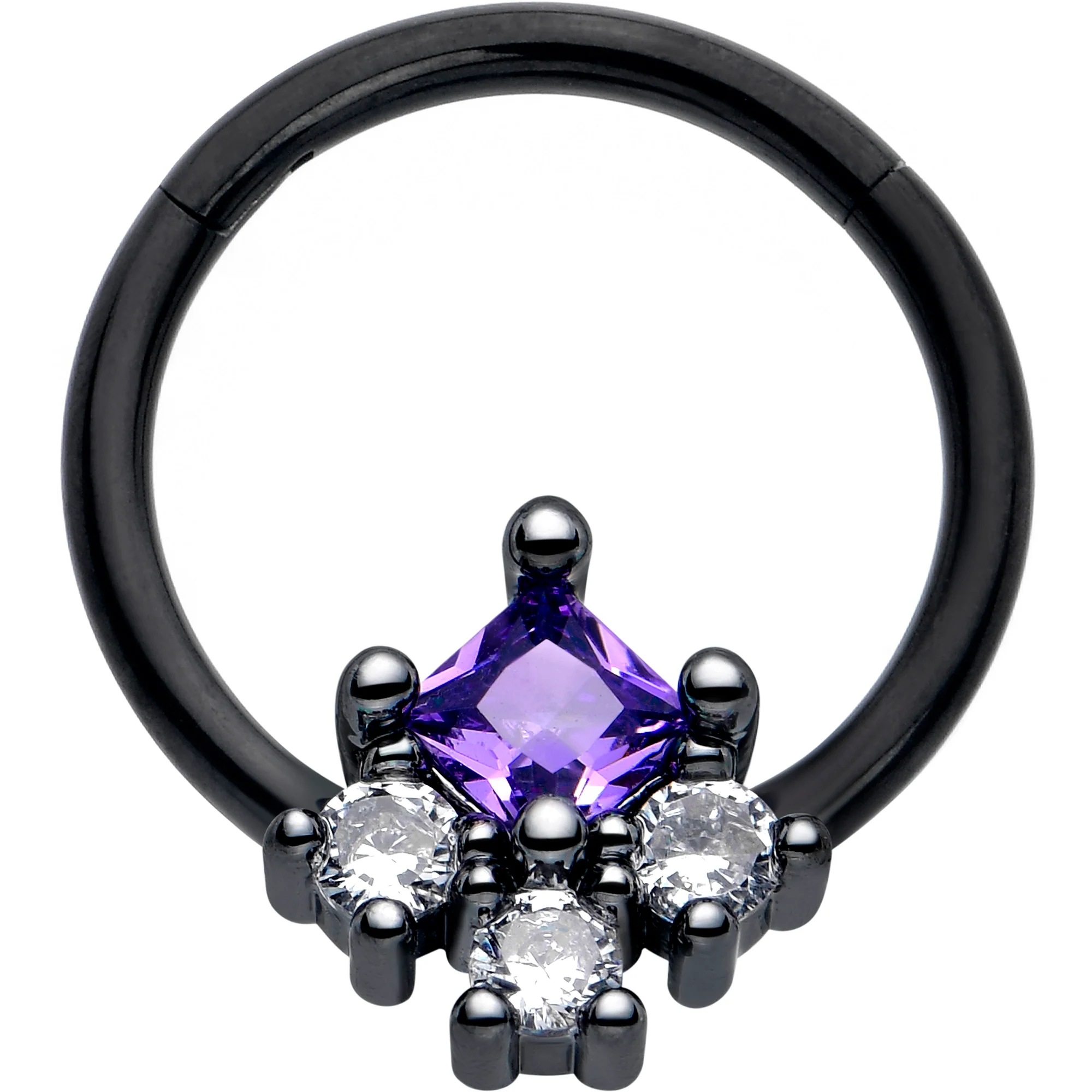 16G 3/8 Purple CZ Gem Black Rhombus Riot Hinged Segment Ring