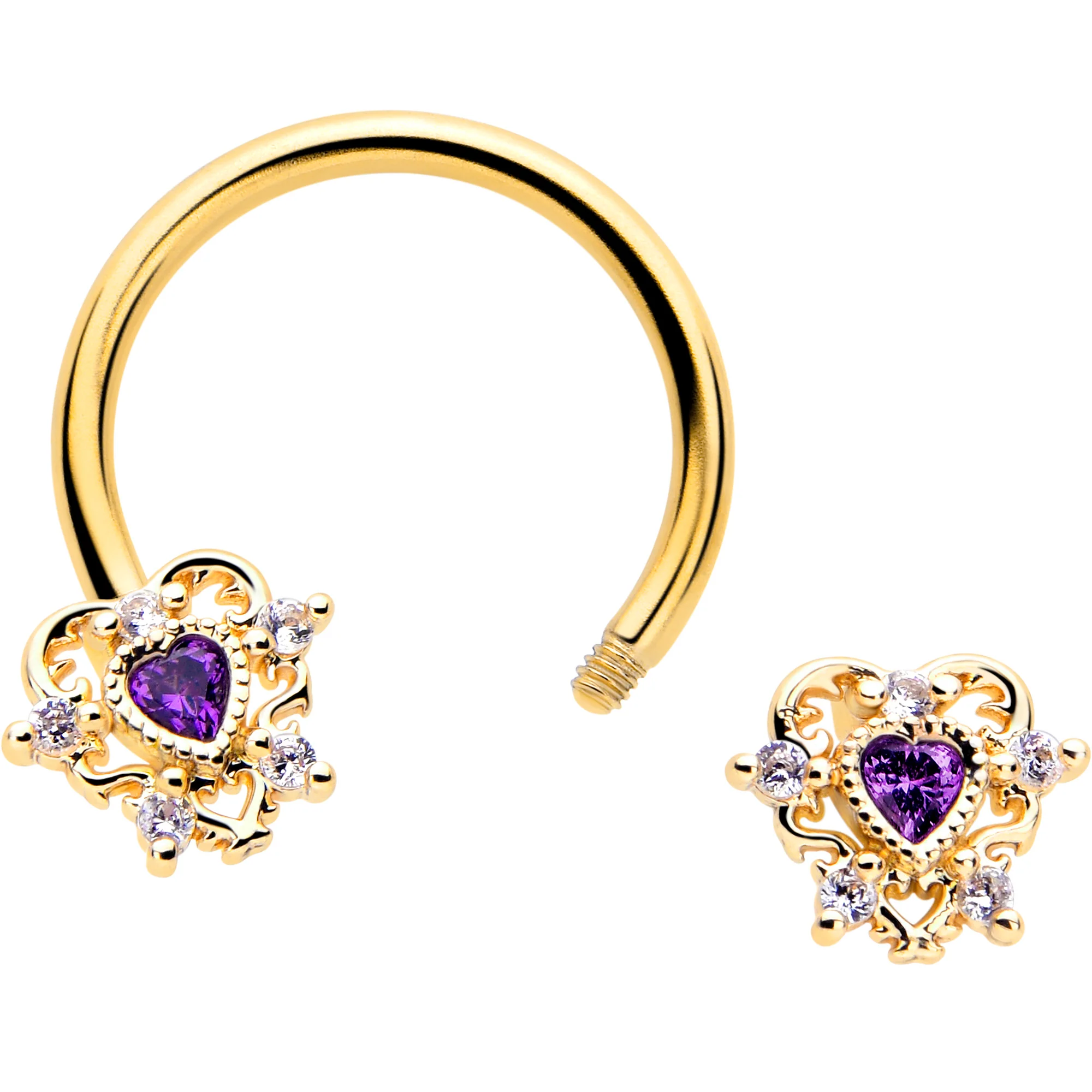 16G 3/8 Purple CZ Gem Gold Tone Heart of Love Horseshoe - Image 2