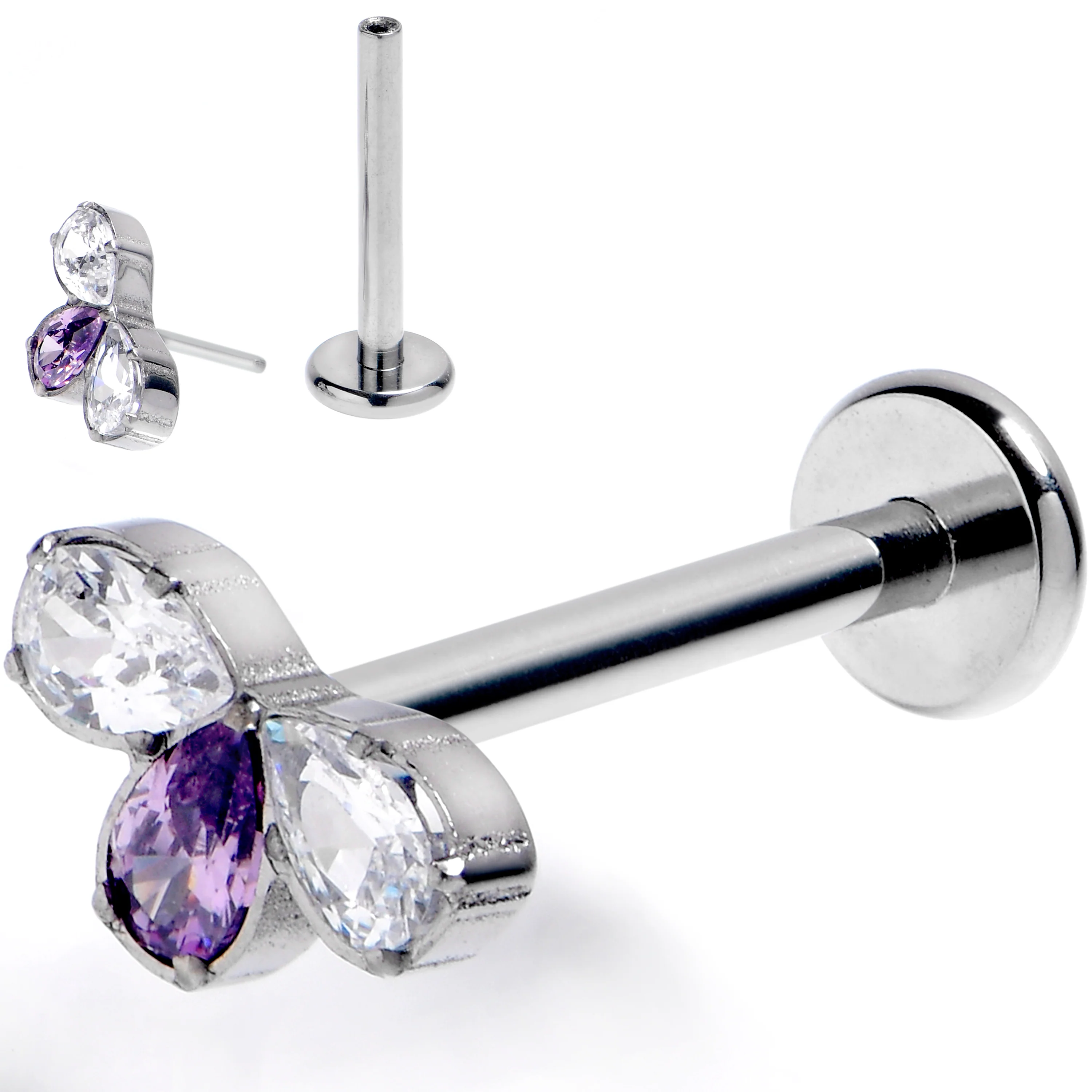 16G 3/8 Purple Gem Grade 23 Titanium Threadless Push In Labret Tragus