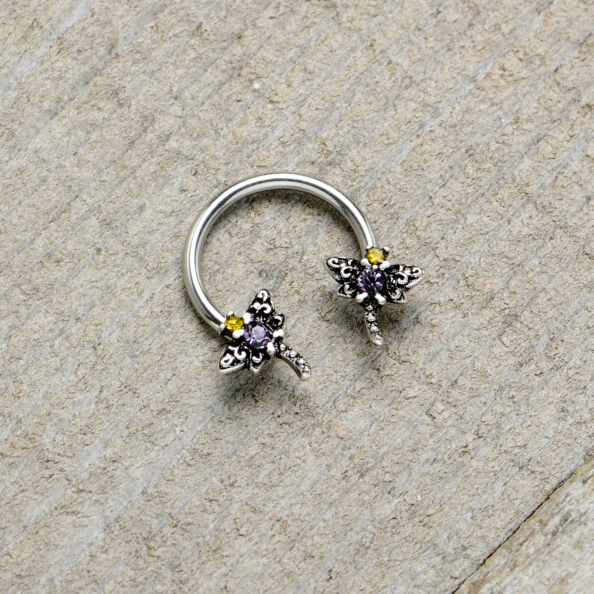 16G 3/8 Purple Yellow Gem Dragonfly Horseshoe Circular Barbell - Image 7
