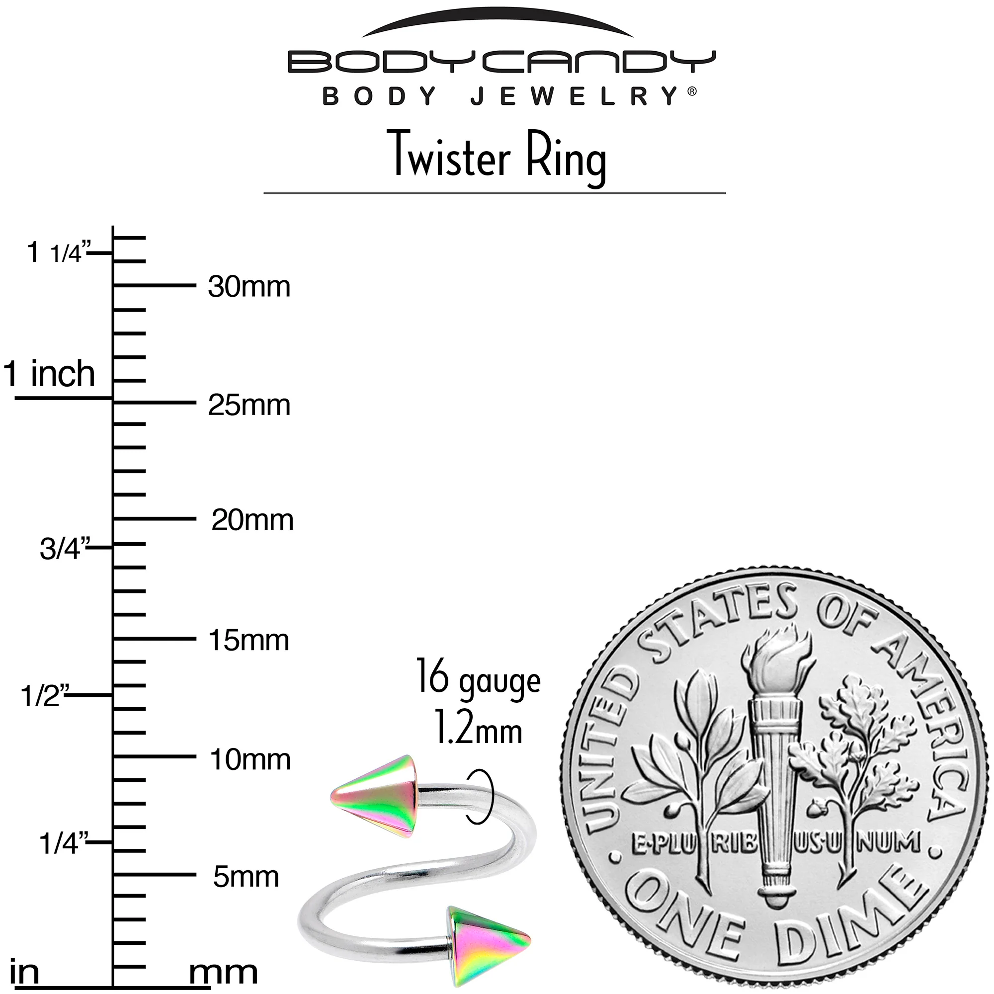 16G 3/8 Rainbow Cone Ends Spiral Twister Eyebrow Ring - Image 4