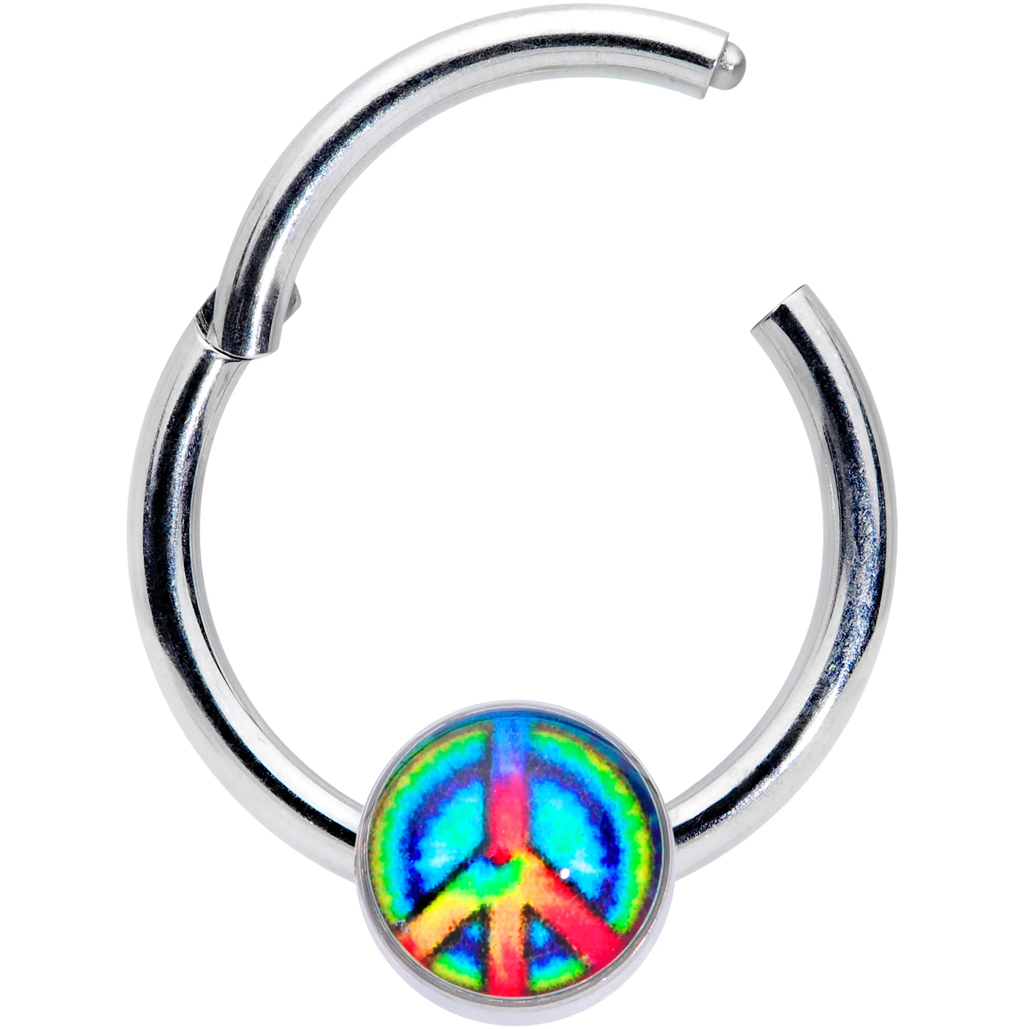 16G 3/8 Rainbow Tie Dye Peace Sign Hinged Segment Ring - Image 2