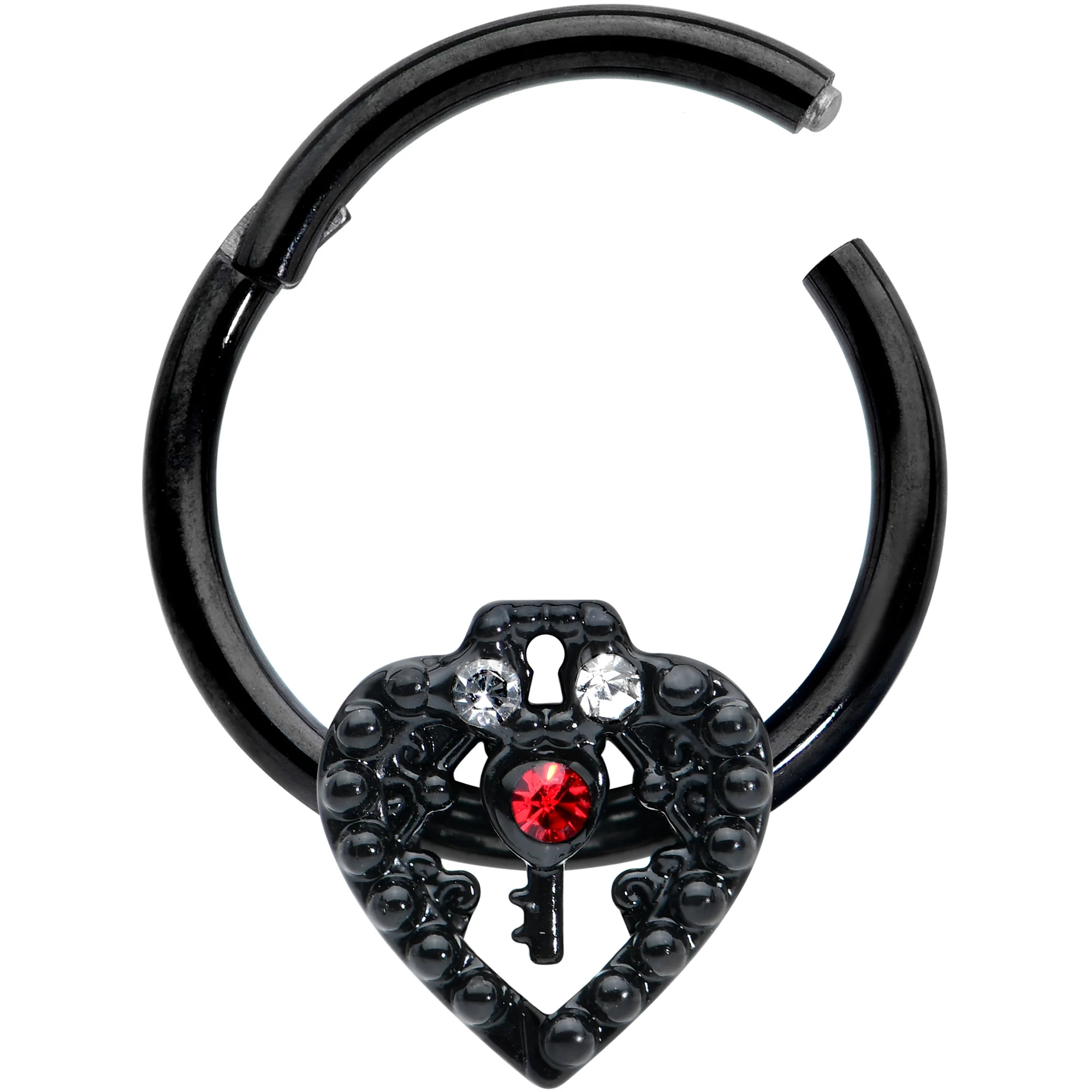 16G 3/8 Red Clear Gem Black Key Heart Hinged Segment Ring - Image 2