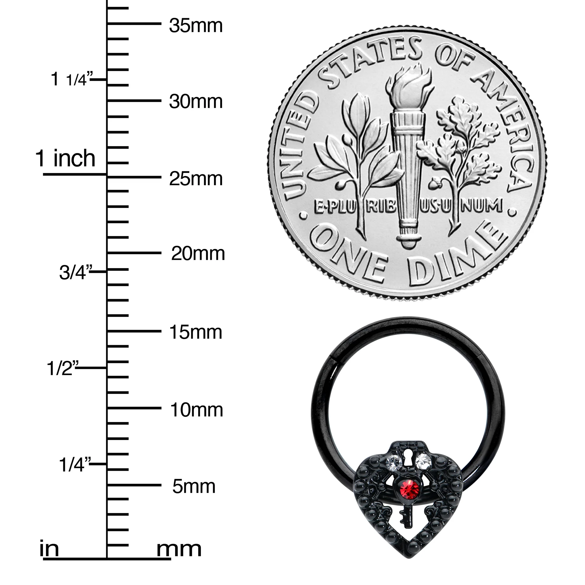 16G 3/8 Red Clear Gem Black Key Heart Hinged Segment Ring - Image 3